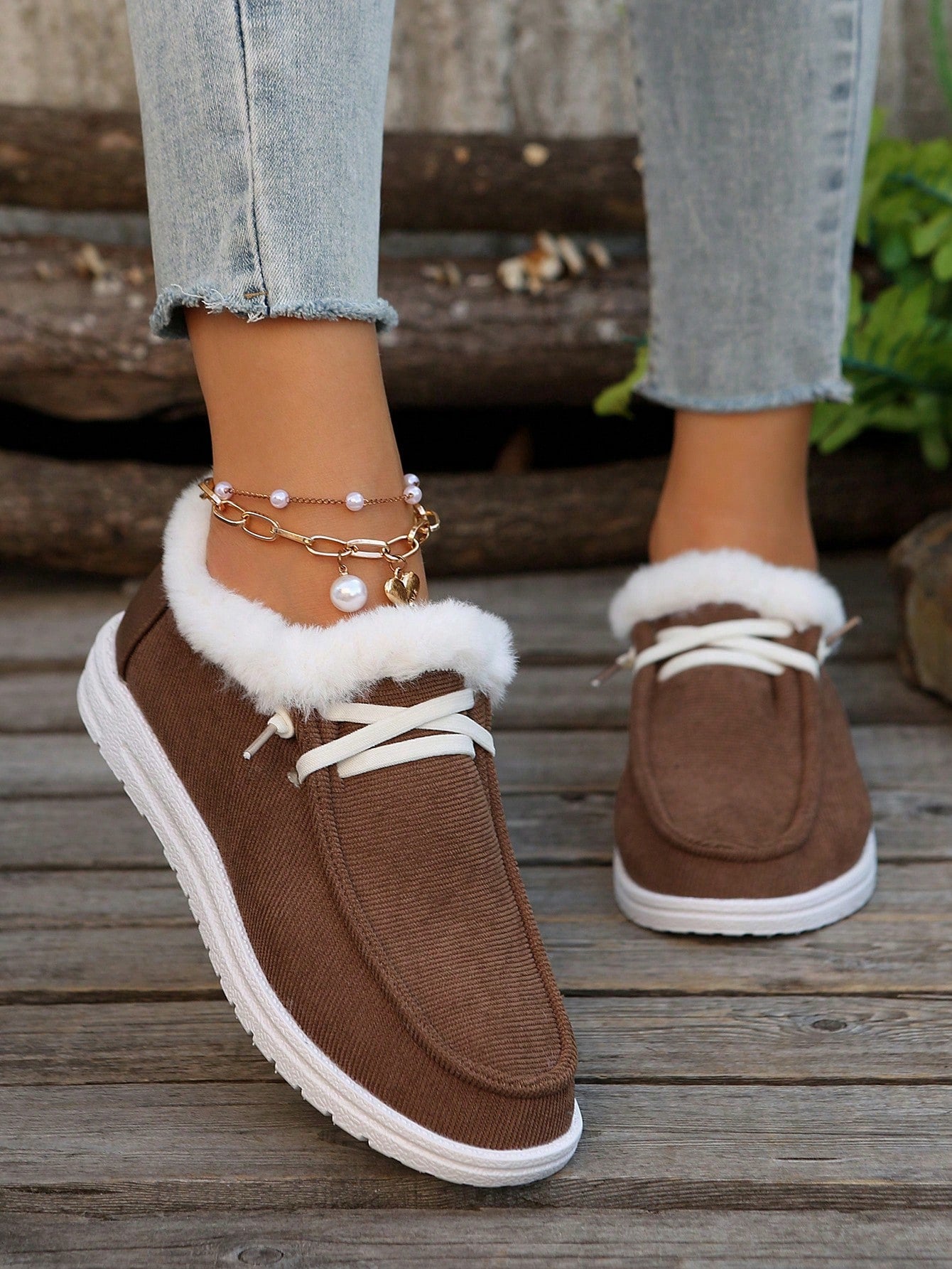 Plush Slip-On Loafers Women Fuzzy Warm Slouchy Shoes Low-Top Snow Boots, Wear With Sweater