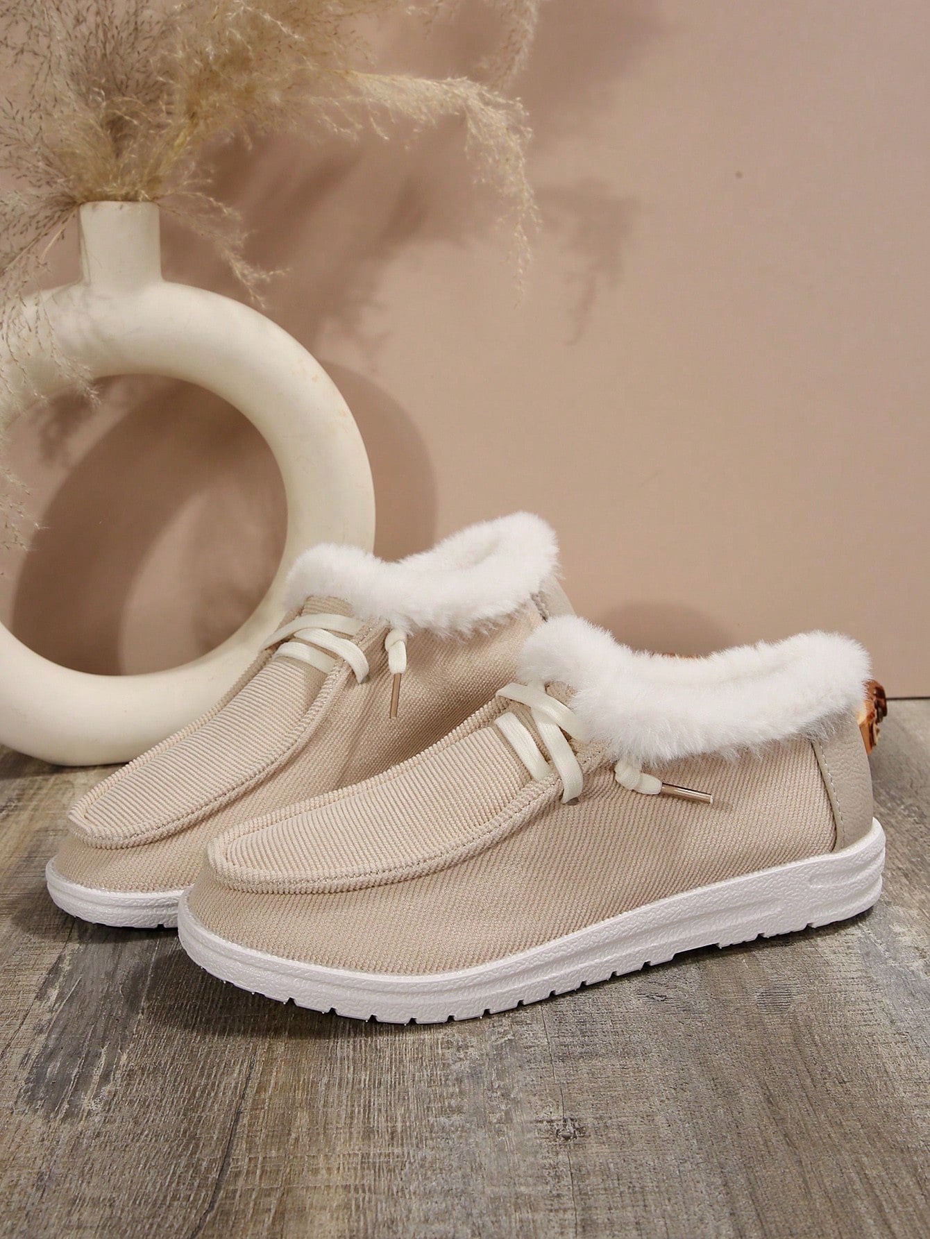 Plush Slip-On Loafers Women Fuzzy Warm Slouchy Shoes Low-Top Snow Boots, Wear With Sweater