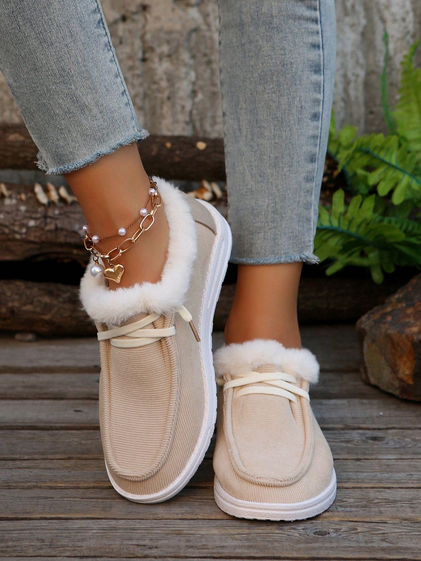 Plush Slip-On Loafers Women Fuzzy Warm Slouchy Shoes Low-Top Snow Boots, Wear With Sweater