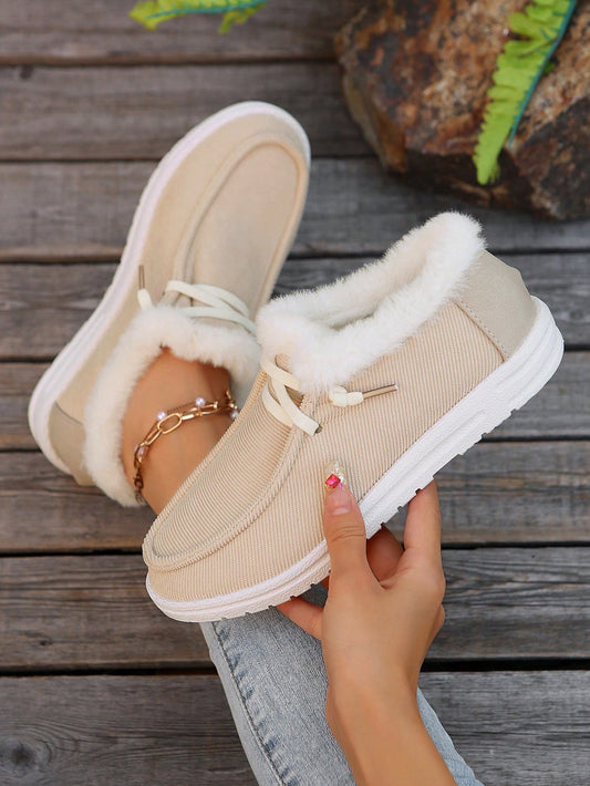 Plush Slip-On Loafers Women Fuzzy Warm Slouchy Shoes Low-Top Snow Boots, Wear With Sweater