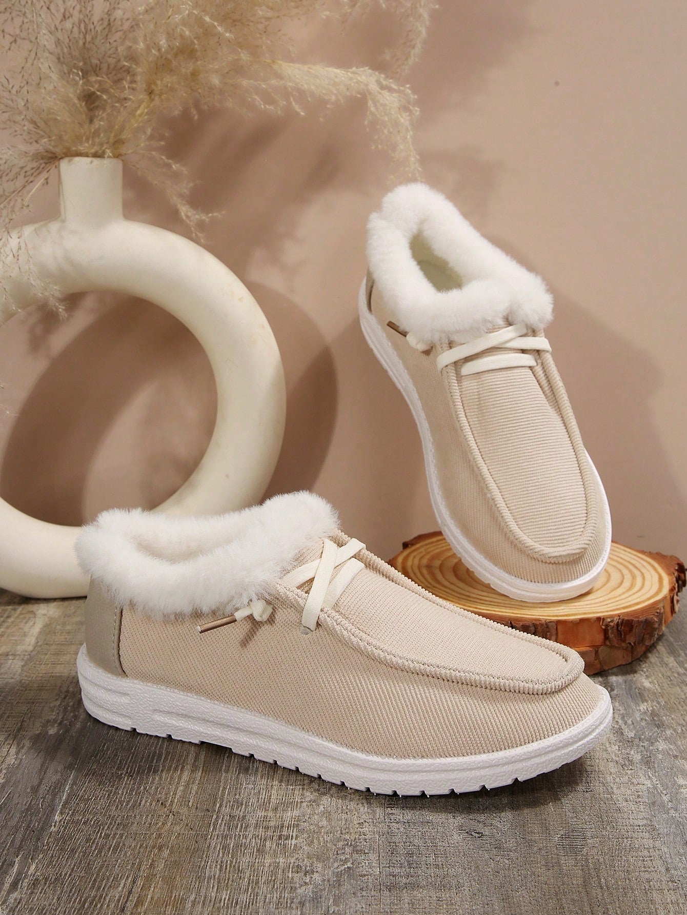 Plush Slip-On Loafers Women Fuzzy Warm Slouchy Shoes Low-Top Snow Boots, Wear With Sweater