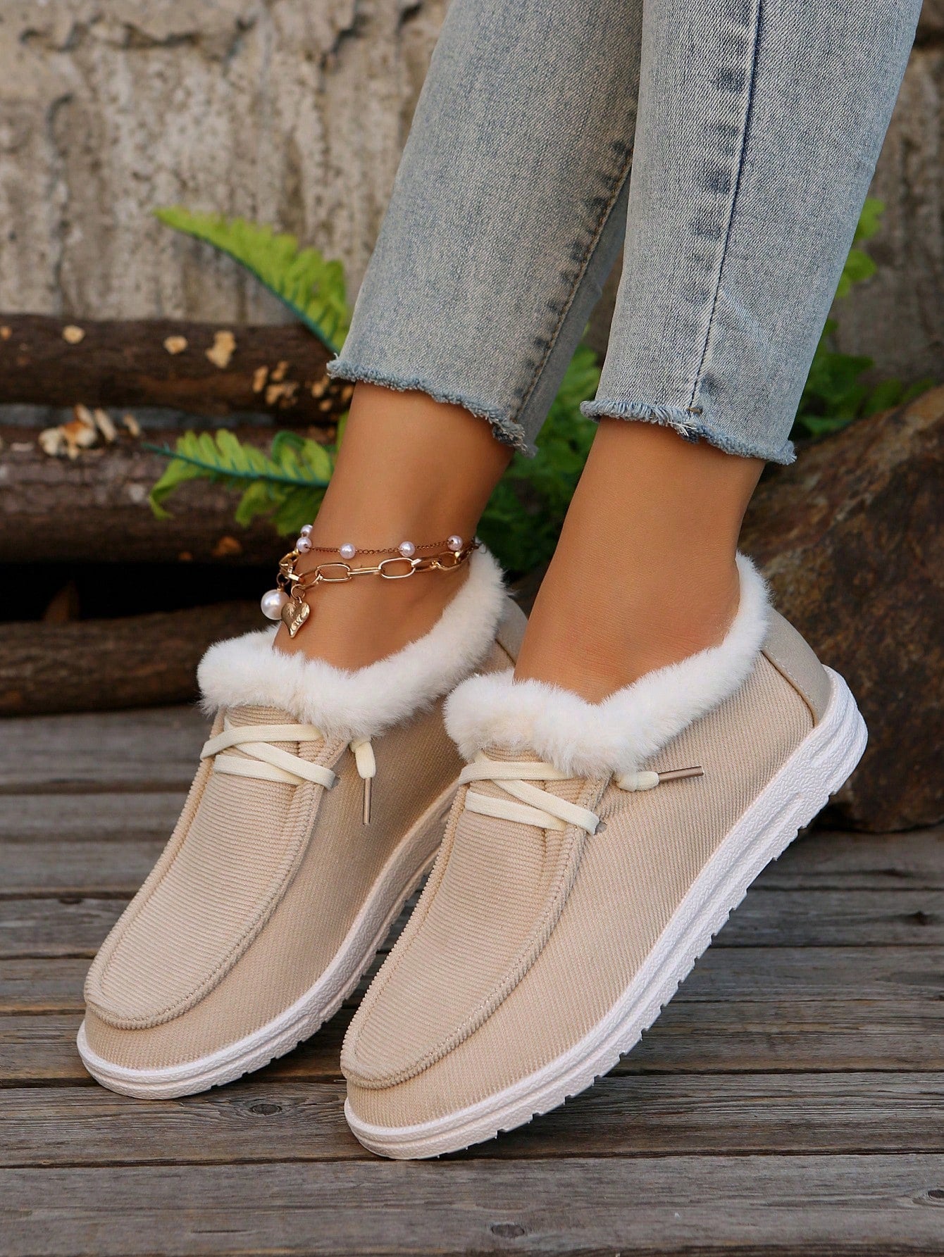 Plush Slip-On Loafers Women Fuzzy Warm Slouchy Shoes Low-Top Snow Boots, Wear With Sweater