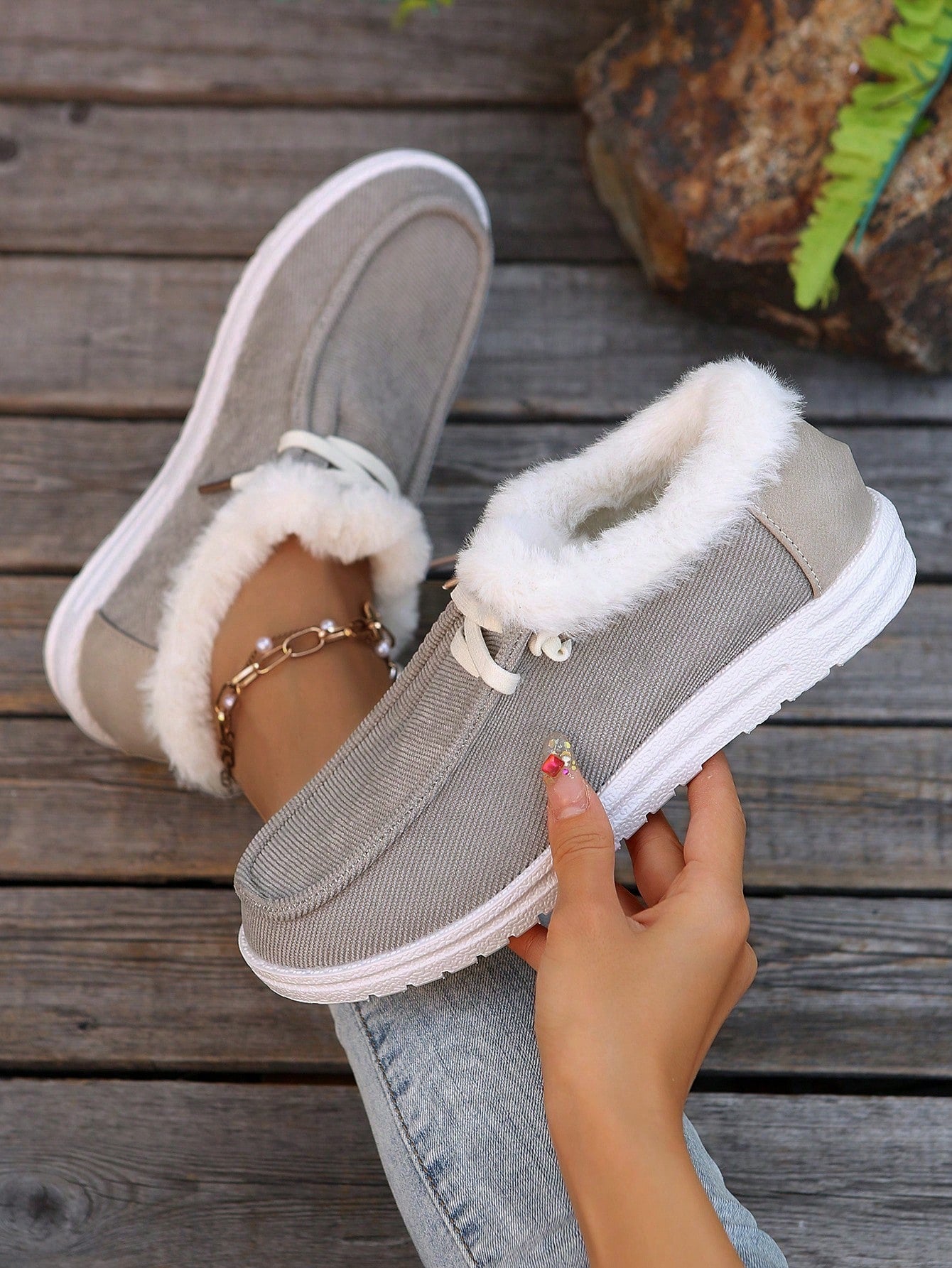 Plush Slip-On Loafers Women Fuzzy Warm Slouchy Shoes Low-Top Snow Boots, Wear With Sweater