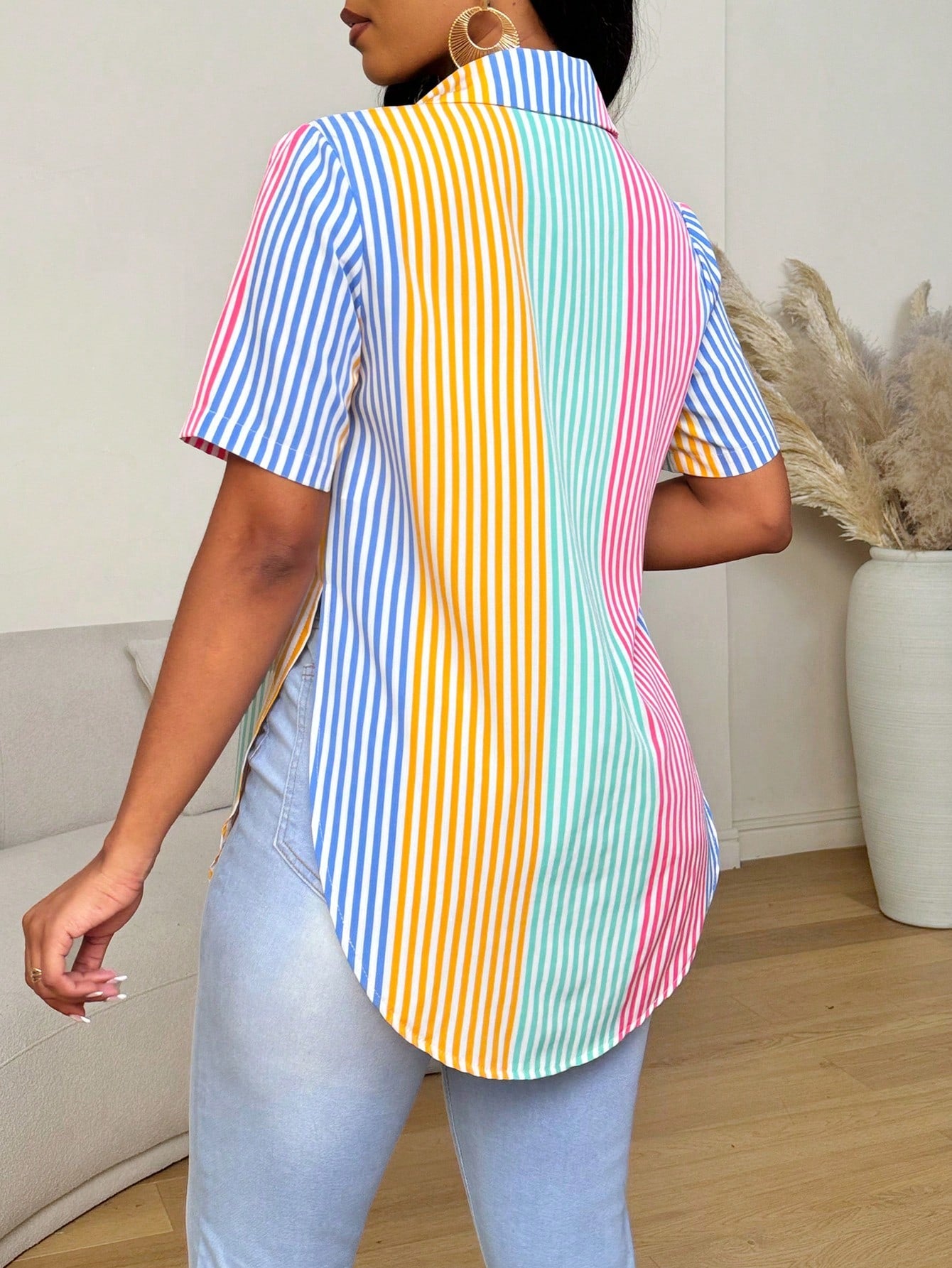 Relaxiva Contrast Color Striped Print Front Button Asymmetrical Hem Short Sleeve Shirt,Short Sleeve Tops