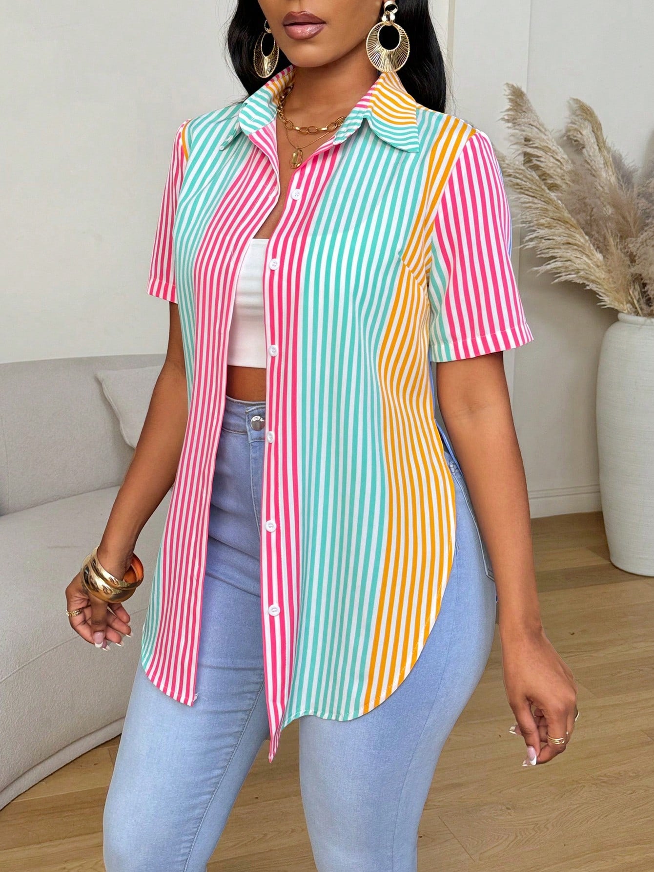 Relaxiva Contrast Color Striped Print Front Button Asymmetrical Hem Short Sleeve Shirt,Short Sleeve Tops