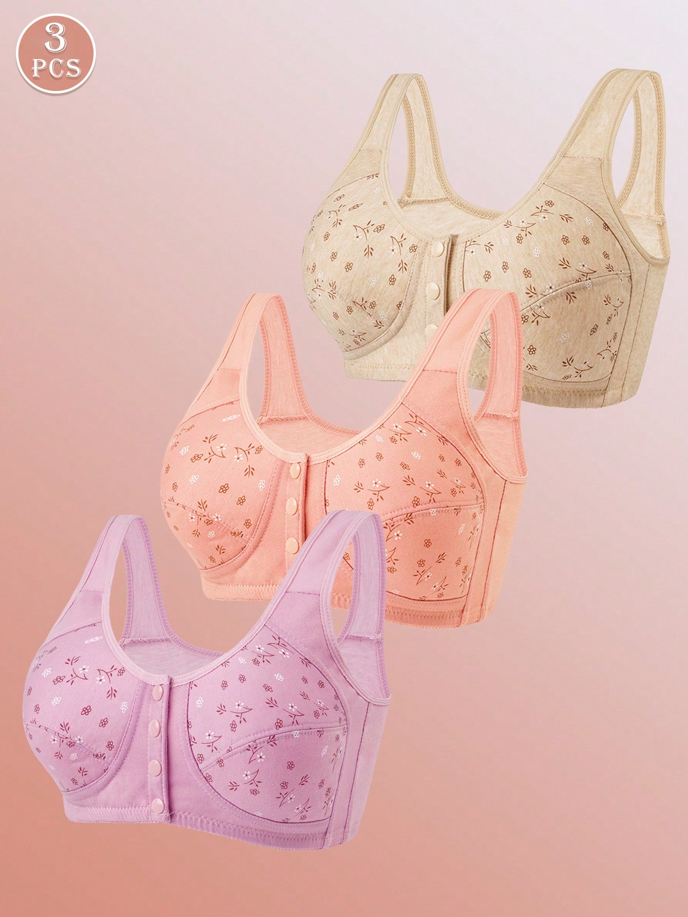 3pcs Front Closure Soft Camisole Bras For Mature Women, Wire-Free Plus Size Comfortable Lingerie