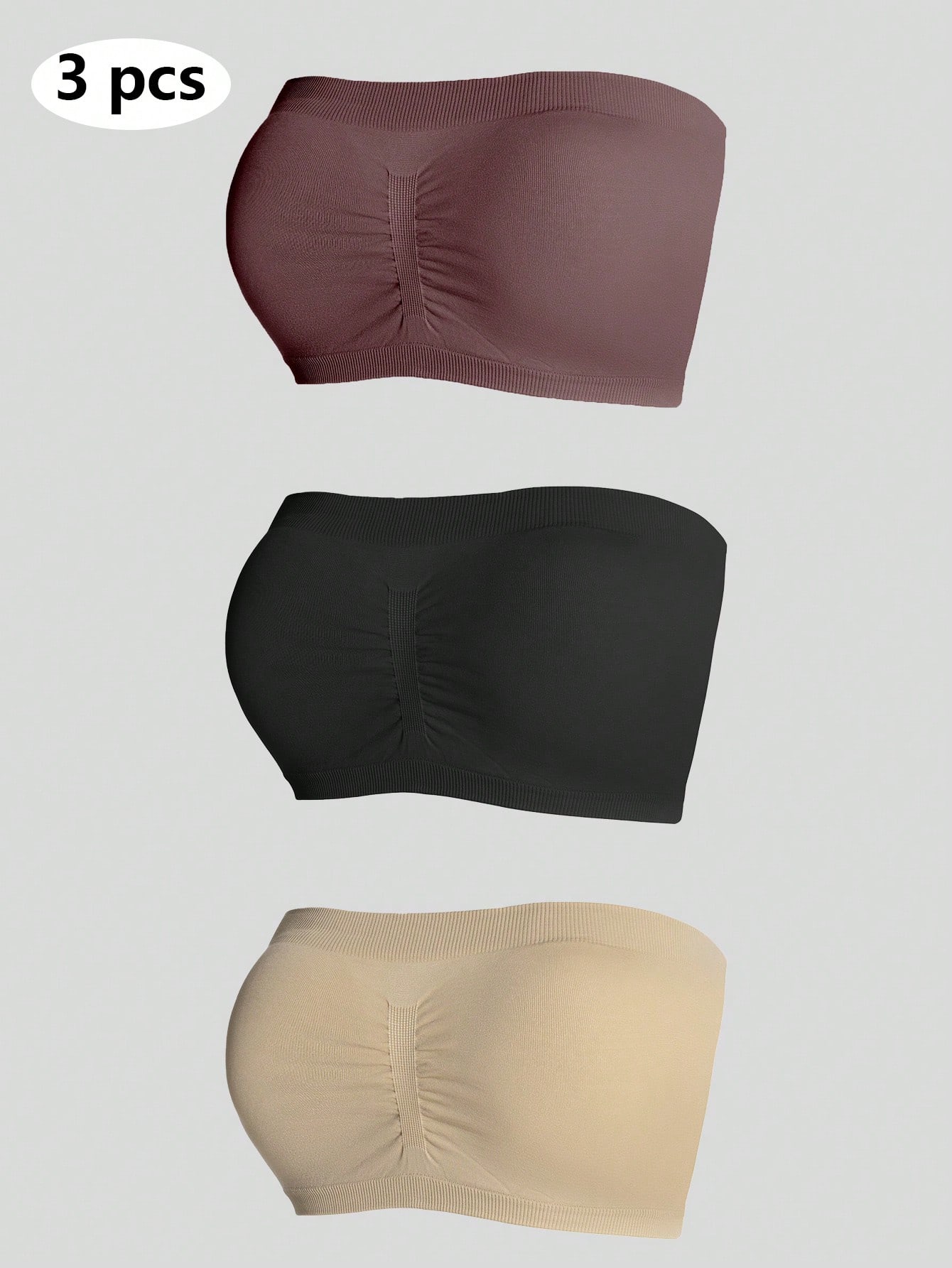 Underwear&Sleepwear Basics 3pcs Solid Ruched Tube Bra