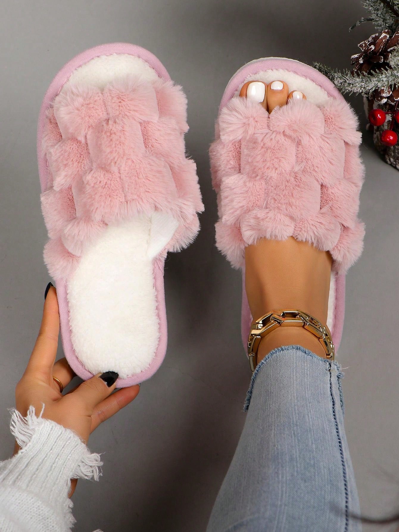 Fluffy Slip-On Slippers For Women, Comfortable Open-Toe House Shoes For All Seasons