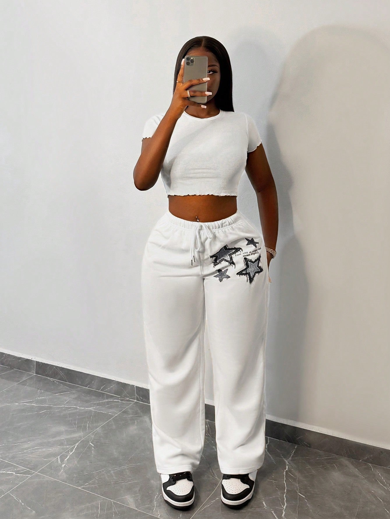 Slayr 2024 New Casual Basic Street Style Drawstring Straight Leg Pants, Women Star Pattern White Sweatpants