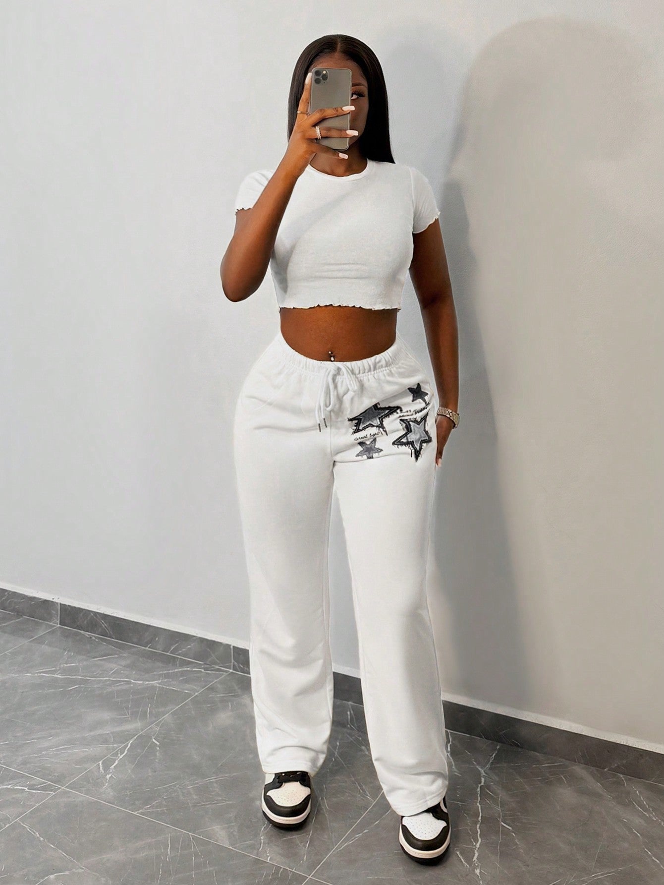 Slayr 2024 New Casual Basic Street Style Drawstring Straight Leg Pants, Women Star Pattern White Sweatpants