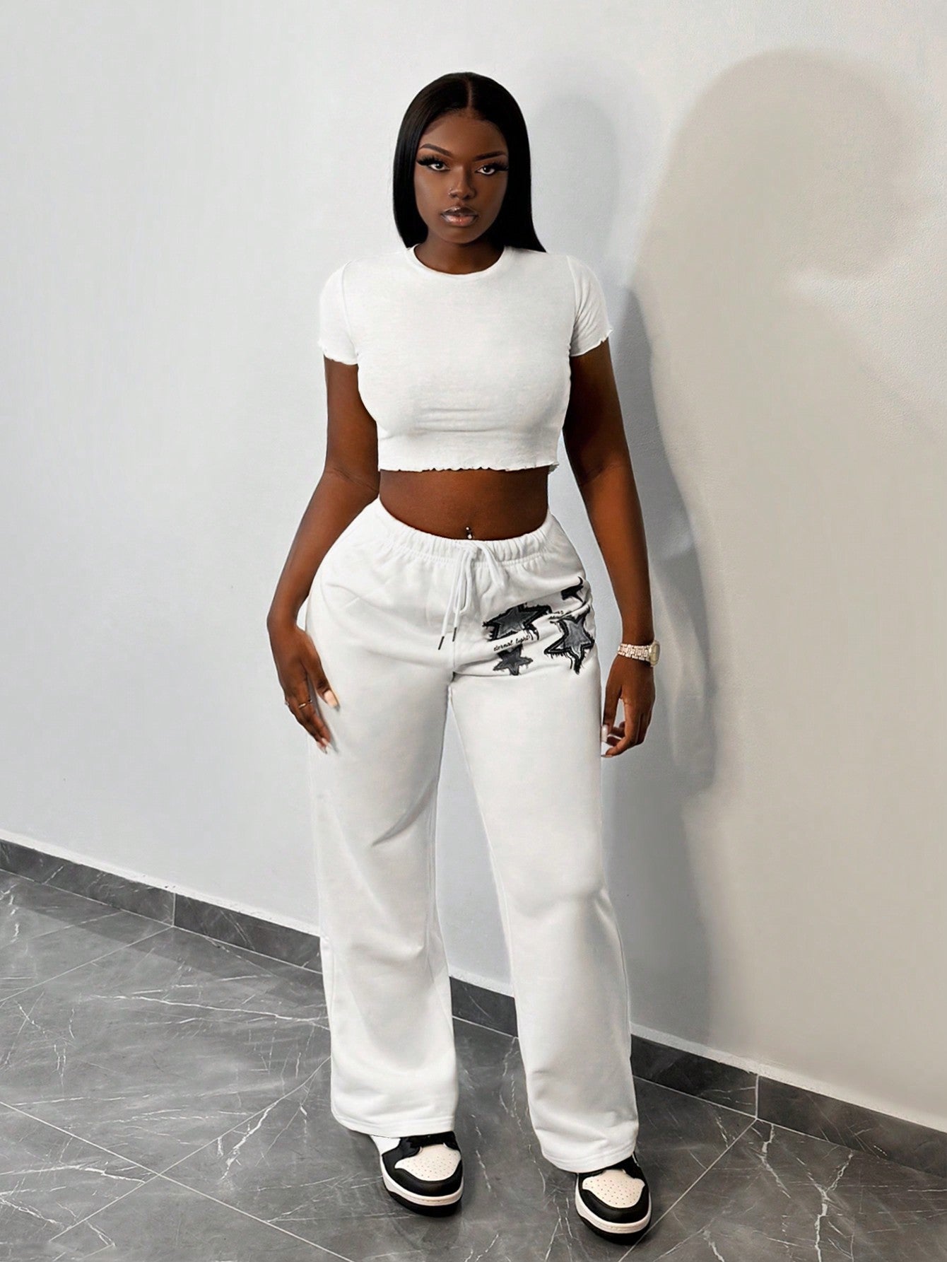 Slayr 2024 New Casual Basic Street Style Drawstring Straight Leg Pants, Women Star Pattern White Sweatpants