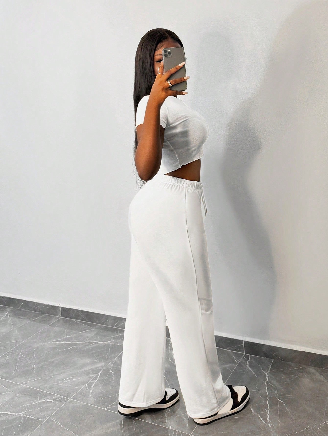 Slayr 2024 New Casual Basic Street Style Drawstring Straight Leg Pants, Women Star Pattern White Sweatpants