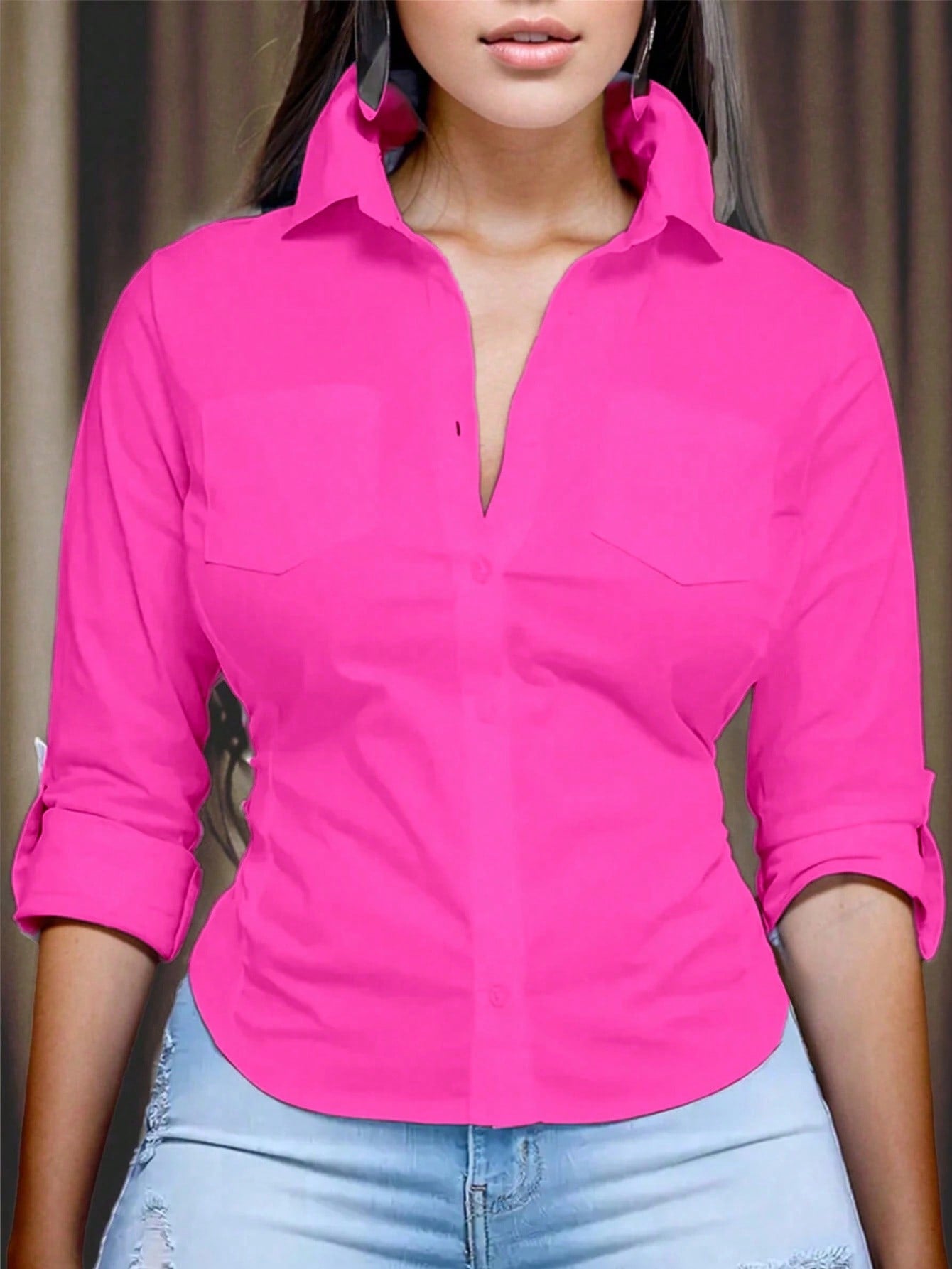 Relaxiva Women's Solid Color Rolled Sleeve Shirt,Long Sleeve Tops