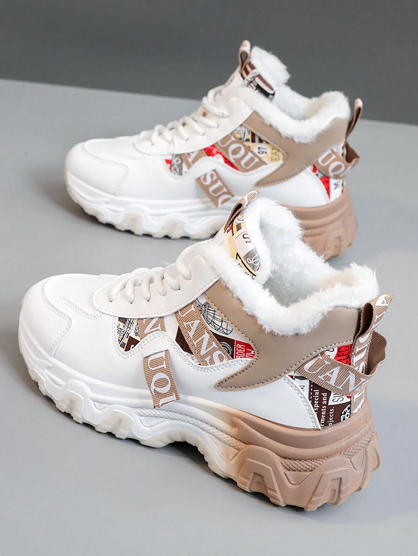 Women 2024 Fashion Colorblock Faux Leather High Top Sneakers, Thermal Lined, Casual Flat Shoes For Winter