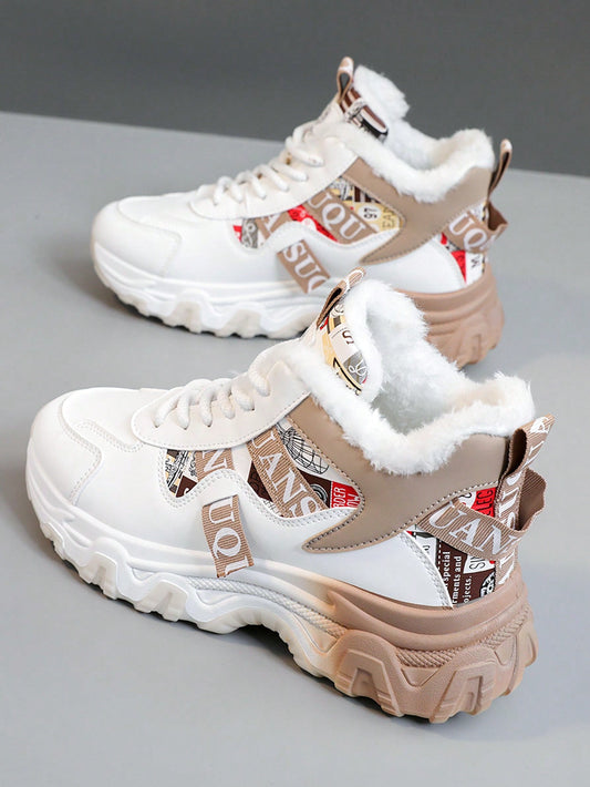 Women 2024 Fashion Colorblock Faux Leather High Top Sneakers, Thermal Lined, Casual Flat Shoes For Winter