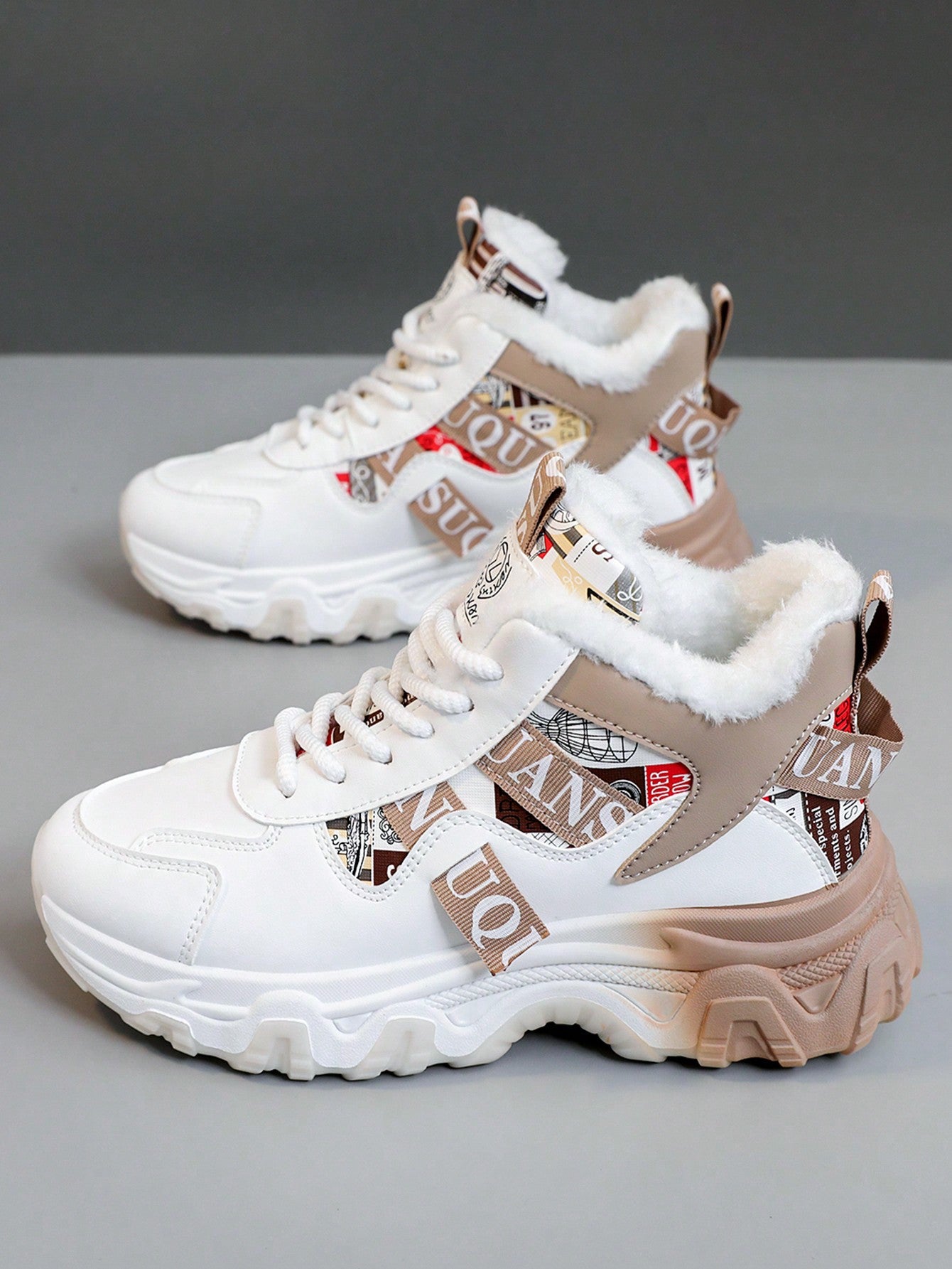 Women 2024 Fashion Colorblock Faux Leather High Top Sneakers, Thermal Lined, Casual Flat Shoes For Winter