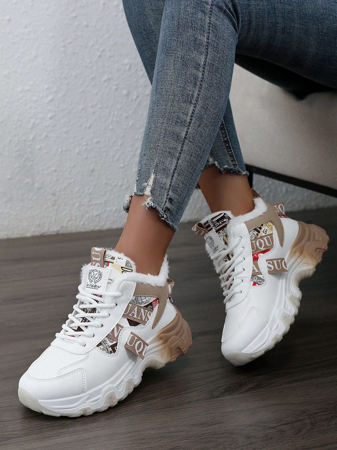 Women 2024 Fashion Colorblock Faux Leather High Top Sneakers, Thermal Lined, Casual Flat Shoes For Winter