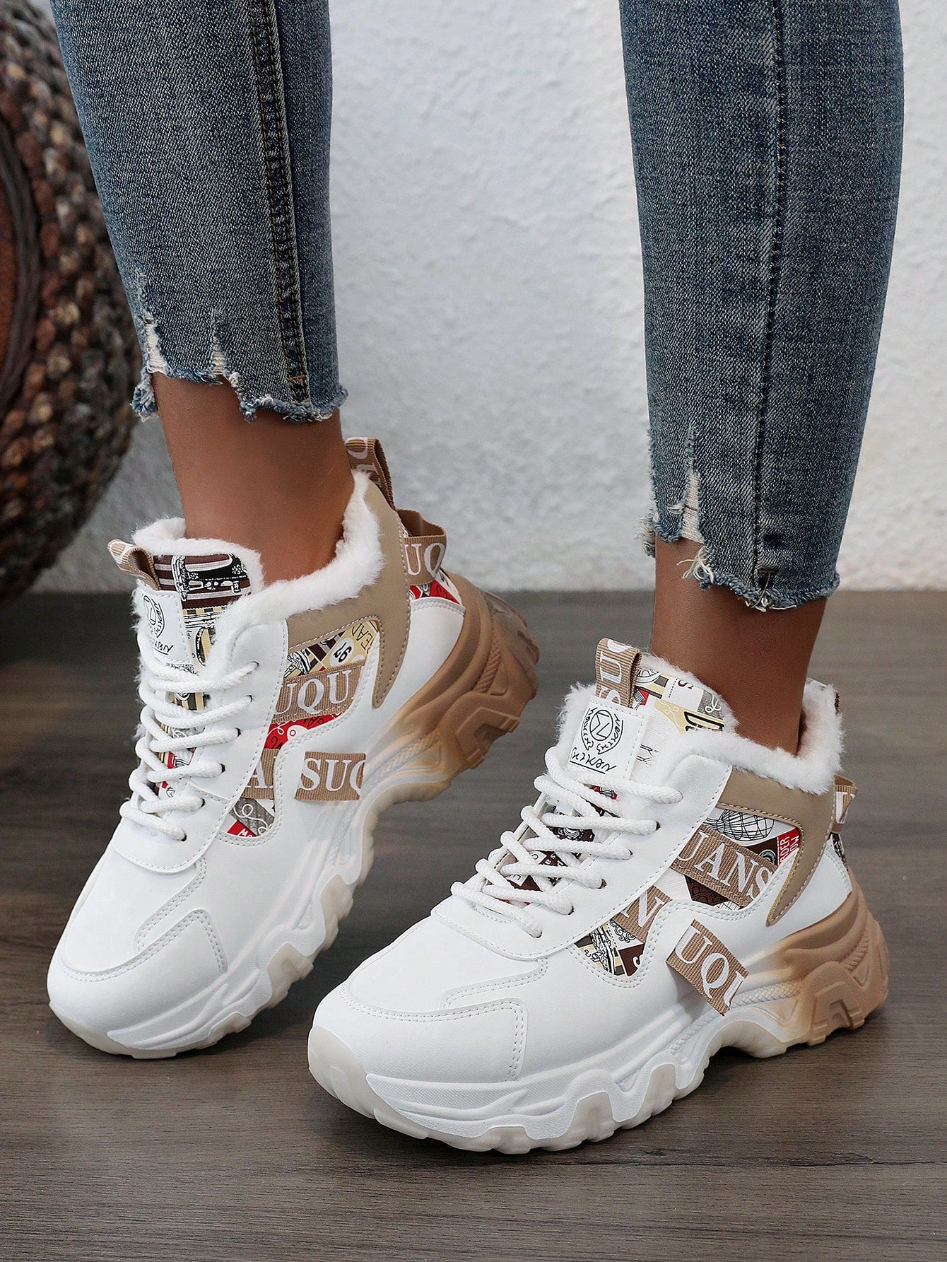 Women 2024 Fashion Colorblock Faux Leather High Top Sneakers, Thermal Lined, Casual Flat Shoes For Winter