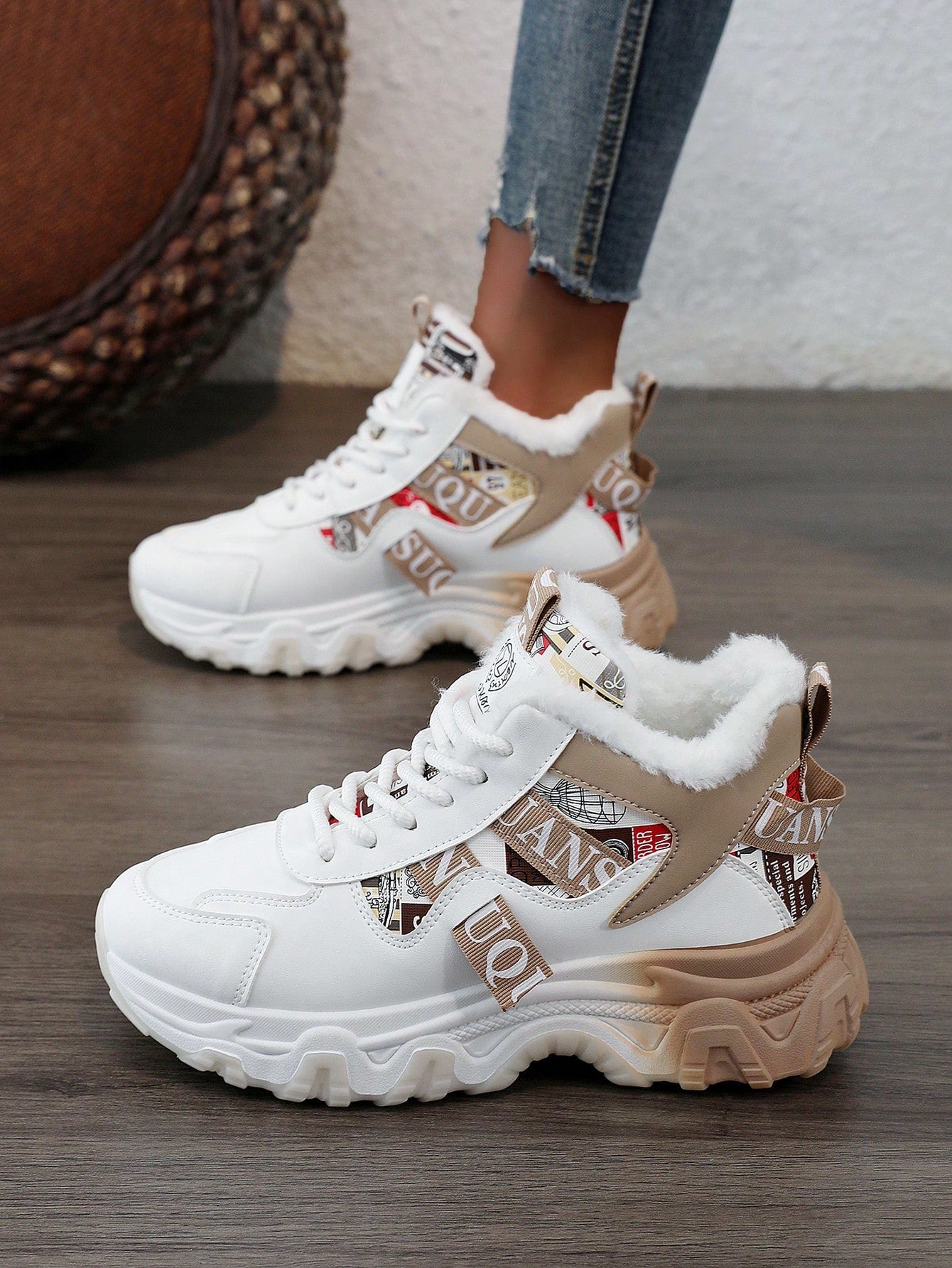 Women 2024 Fashion Colorblock Faux Leather High Top Sneakers, Thermal Lined, Casual Flat Shoes For Winter
