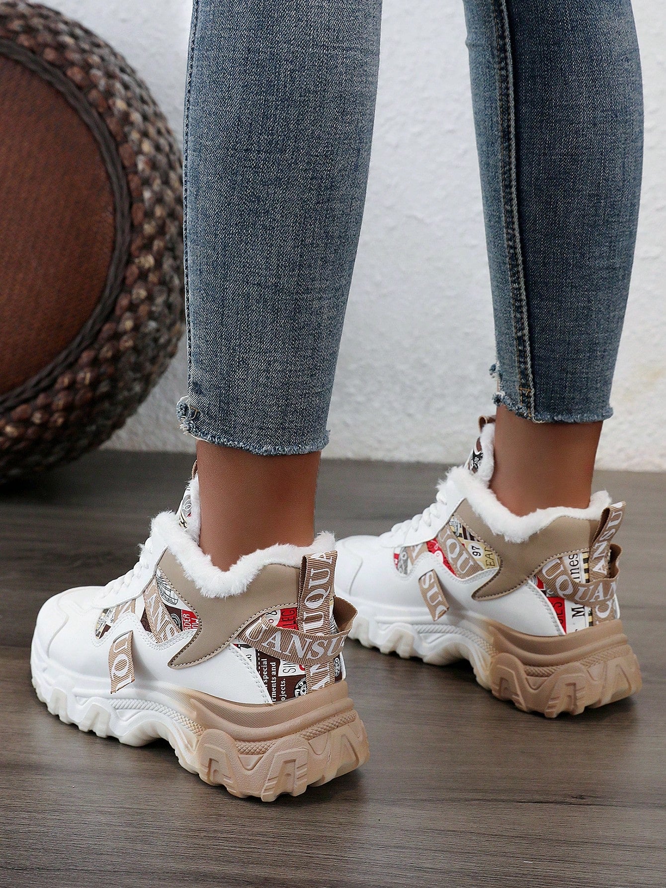 Women 2024 Fashion Colorblock Faux Leather High Top Sneakers, Thermal Lined, Casual Flat Shoes For Winter