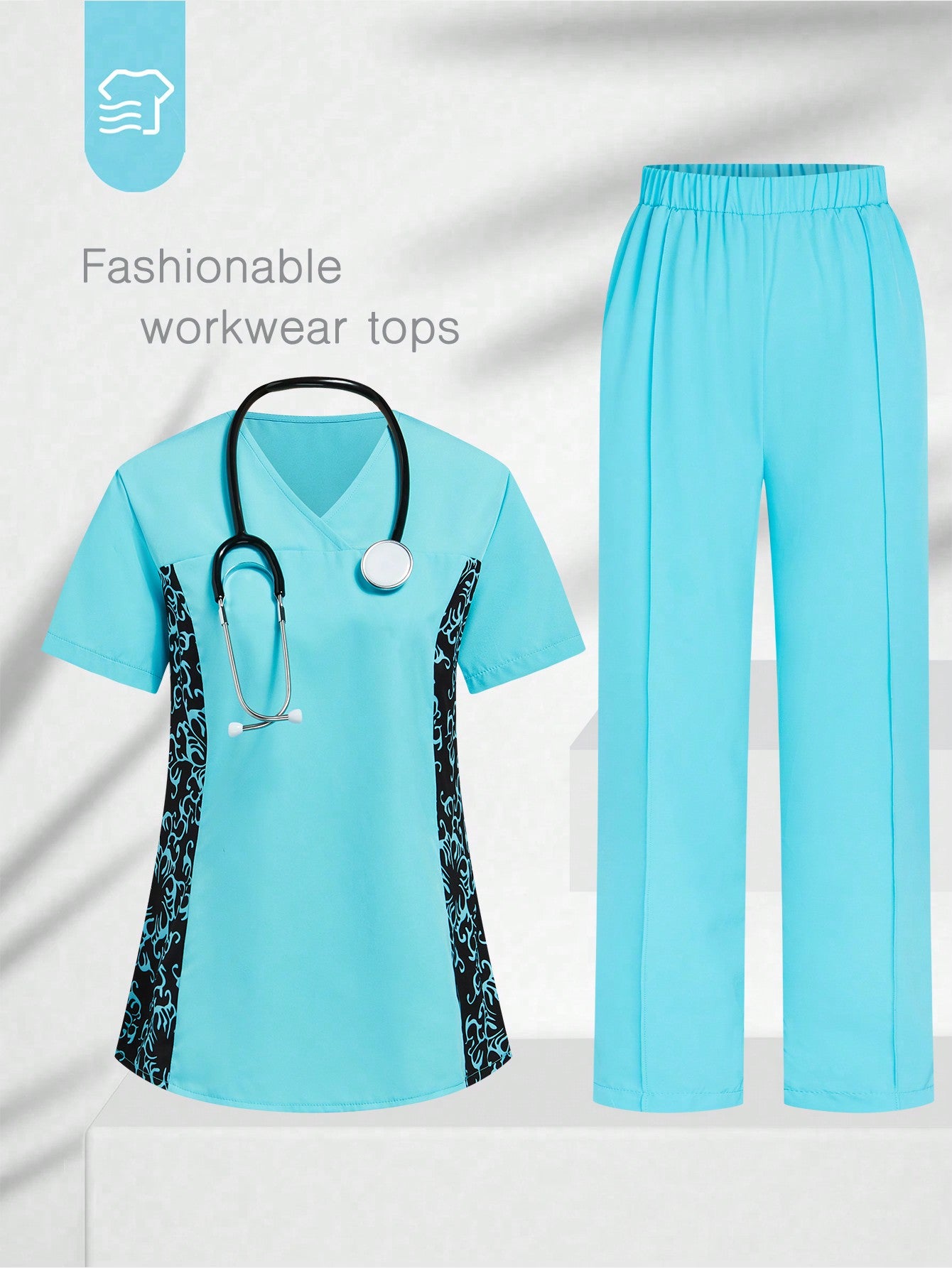 TaskFit SHEIN TaskFit Women's Uniform Contrast Short Sleeve Double Pocket Top And Fashion Casual Solid Double Pocket Pants, Women's V-Neck Scrub Top, Simple Casual Sport Cleaner Uniform