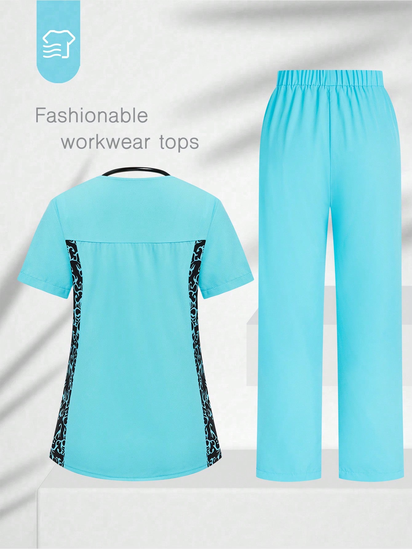 TaskFit SHEIN TaskFit Women's Uniform Contrast Short Sleeve Double Pocket Top And Fashion Casual Solid Double Pocket Pants, Women's V-Neck Scrub Top, Simple Casual Sport Cleaner Uniform