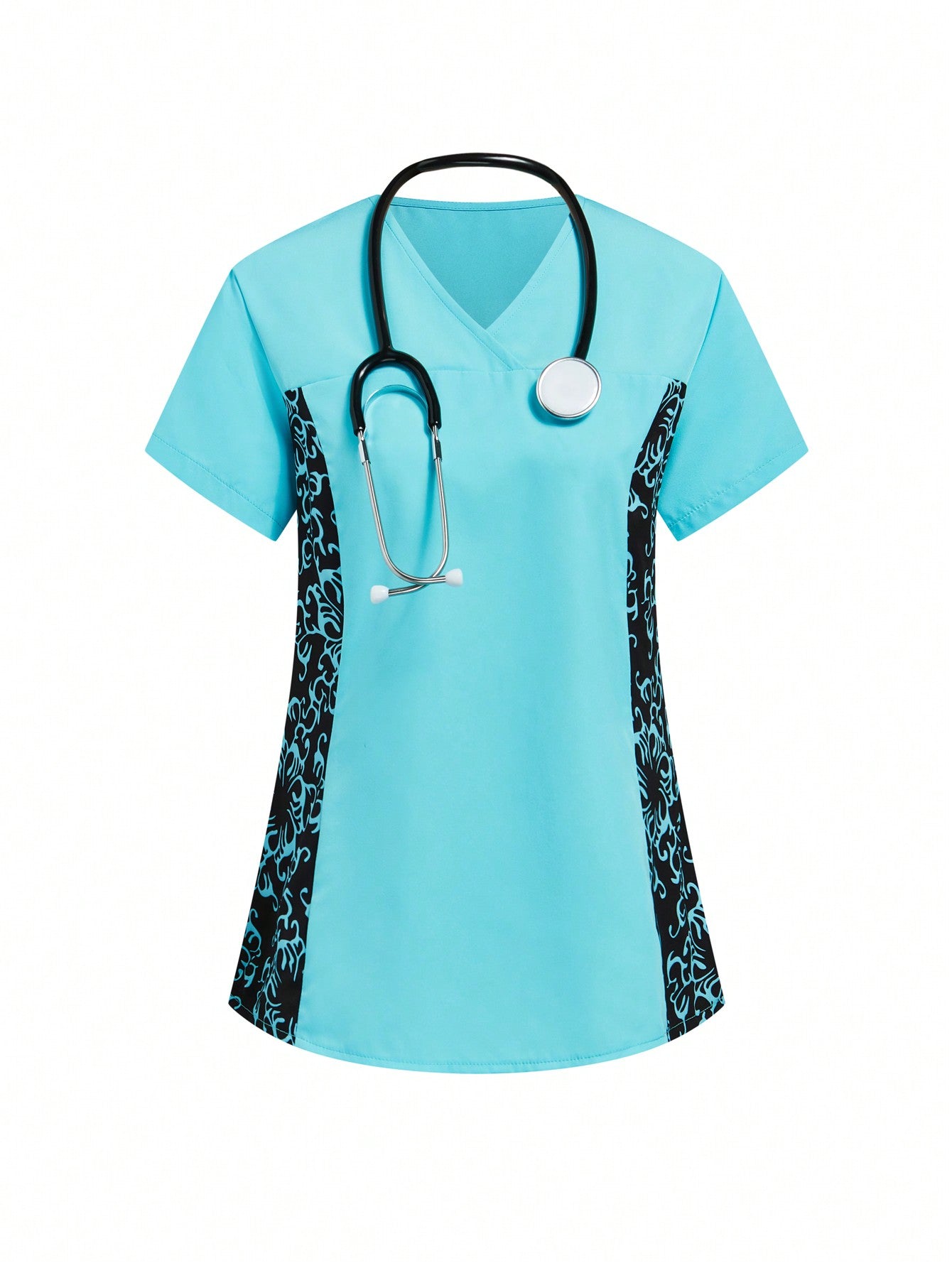 TaskFit SHEIN TaskFit Women's Uniform Contrast Short Sleeve Double Pocket Top And Fashion Casual Solid Double Pocket Pants, Women's V-Neck Scrub Top, Simple Casual Sport Cleaner Uniform