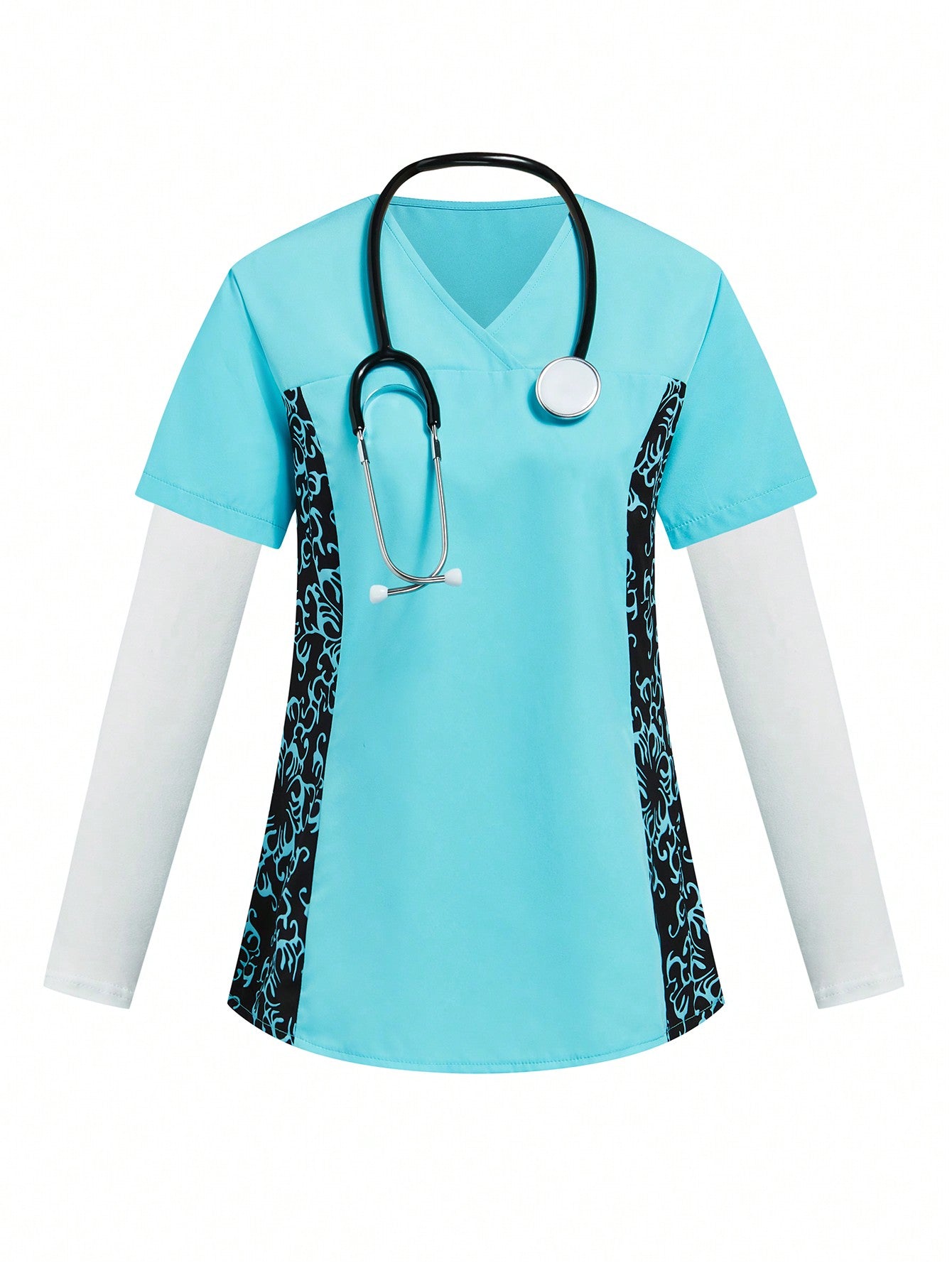 TaskFit SHEIN TaskFit Women's Uniform Contrast Short Sleeve Double Pocket Top And Fashion Casual Solid Double Pocket Pants, Women's V-Neck Scrub Top, Simple Casual Sport Cleaner Uniform