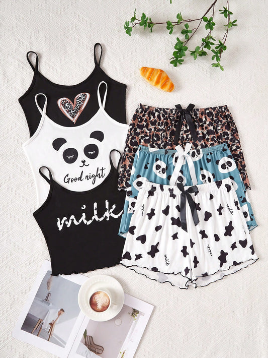 3pcs/Set Cartoon Print Camisole & Shorts Pajama Set