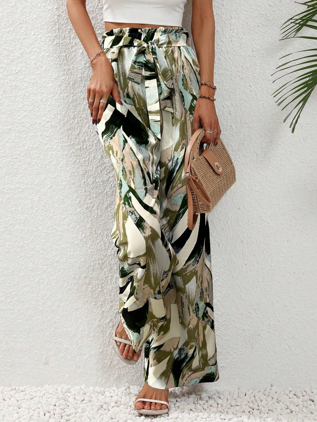 LUNE Allover Print Belted Wide Leg Pants