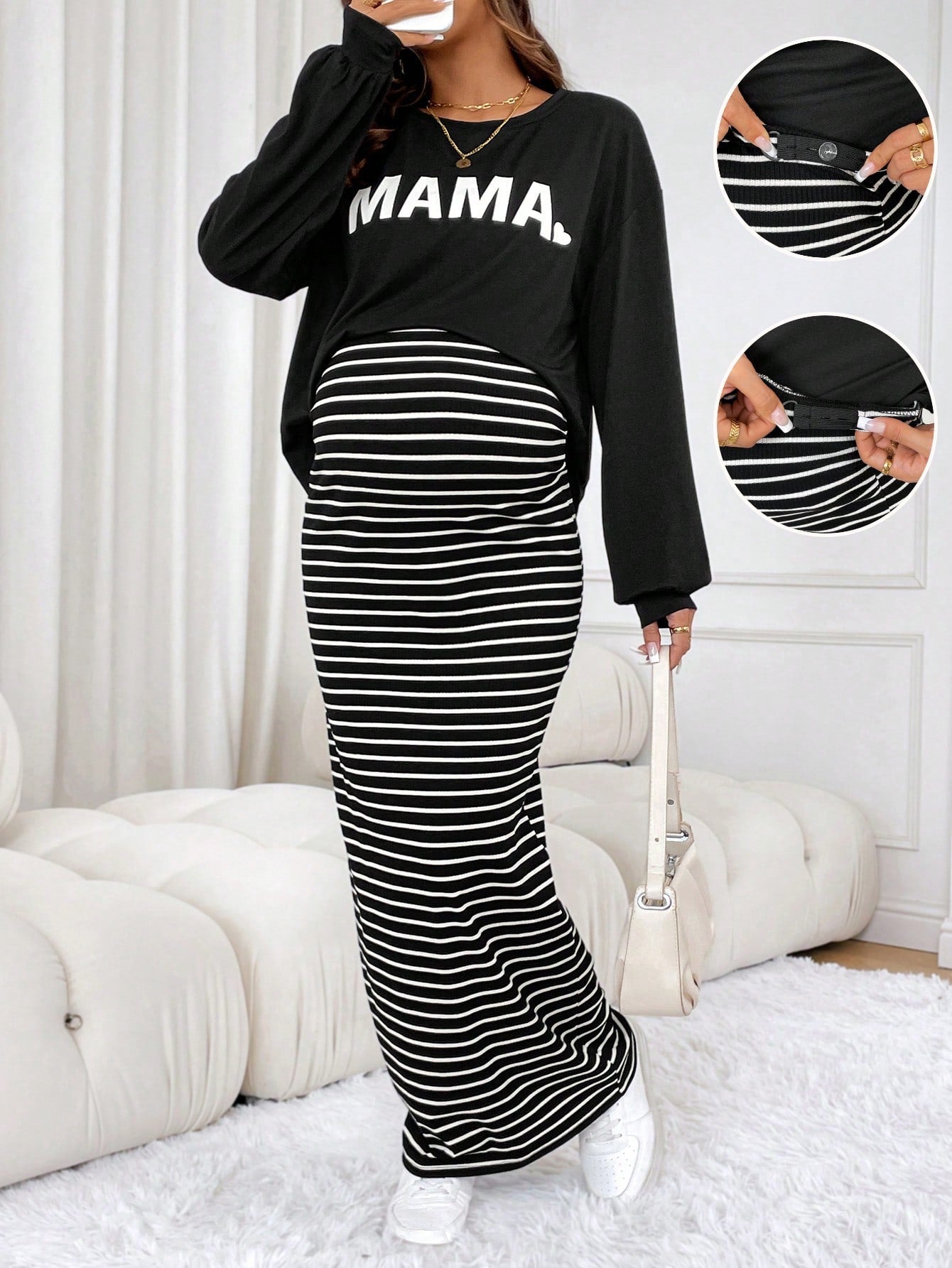 2pcs Maternity Casual Letter Print Long Sleeve Top And Stripe Bodycon Dress Set, Spring/Autumn