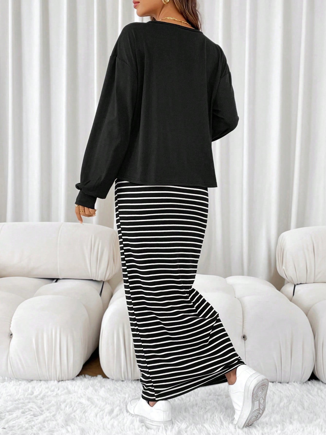 2pcs Maternity Casual Letter Print Long Sleeve Top And Stripe Bodycon Dress Set, Spring/Autumn