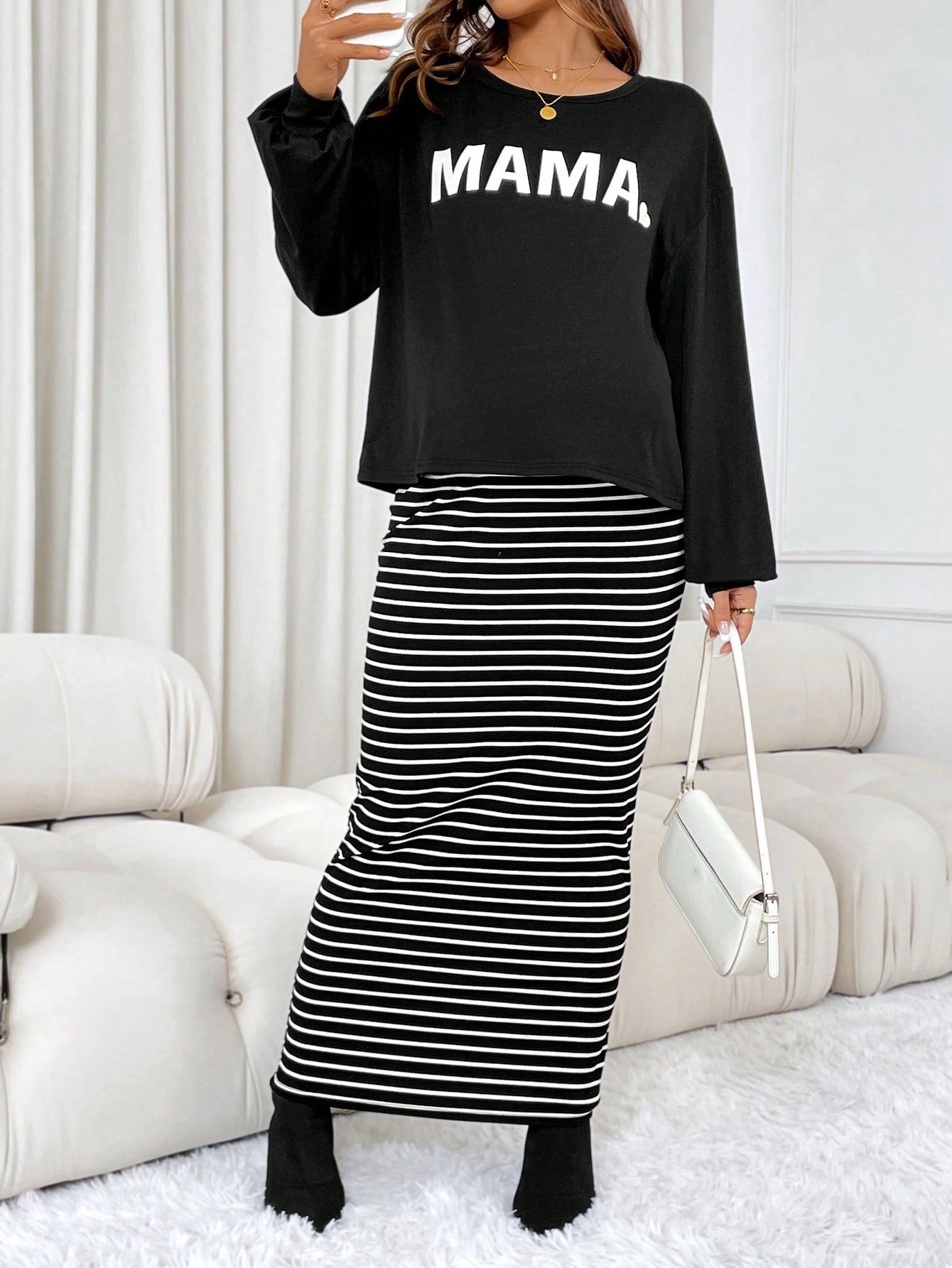 2pcs Maternity Casual Letter Print Long Sleeve Top And Stripe Bodycon Dress Set, Spring/Autumn