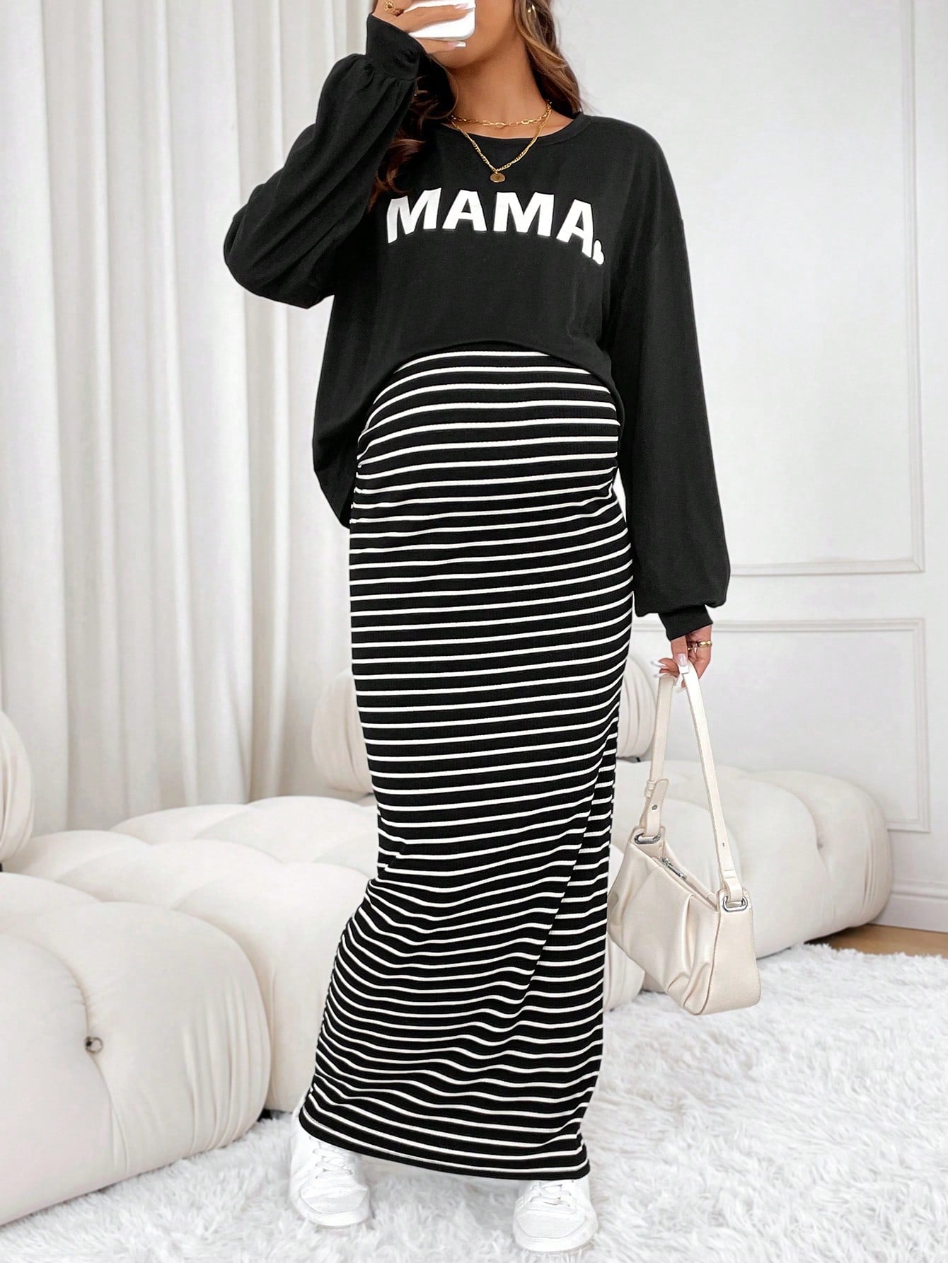 2pcs Maternity Casual Letter Print Long Sleeve Top And Stripe Bodycon Dress Set, Spring/Autumn