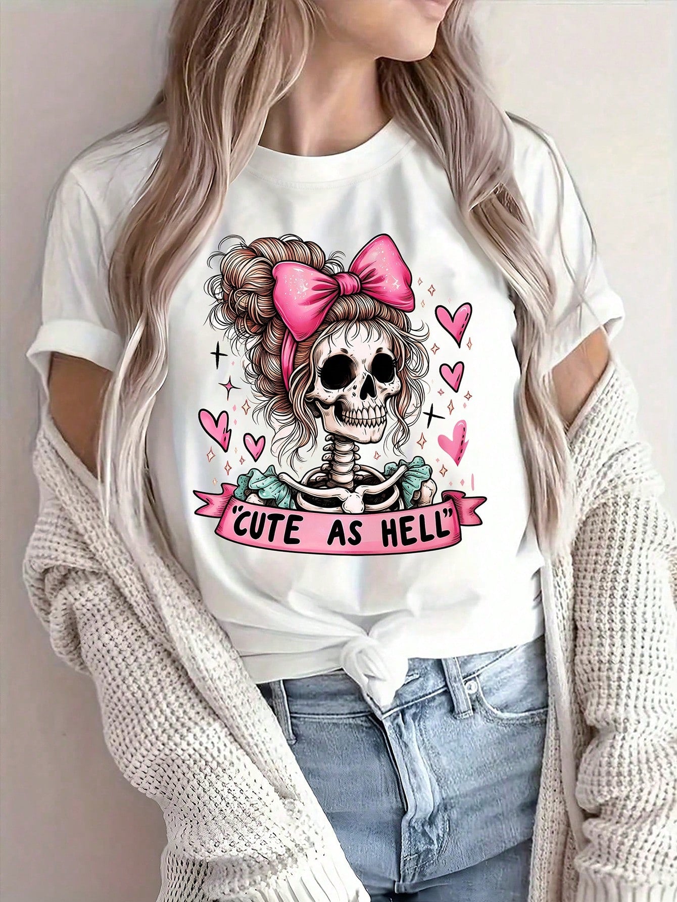 INAWLY Women's Casual Loose Fit Skull Print Round Neck Drop Shoulder Sleeve T-Shirt, Summer Tee, Halloween Clothes Graphic Tees Women Tops