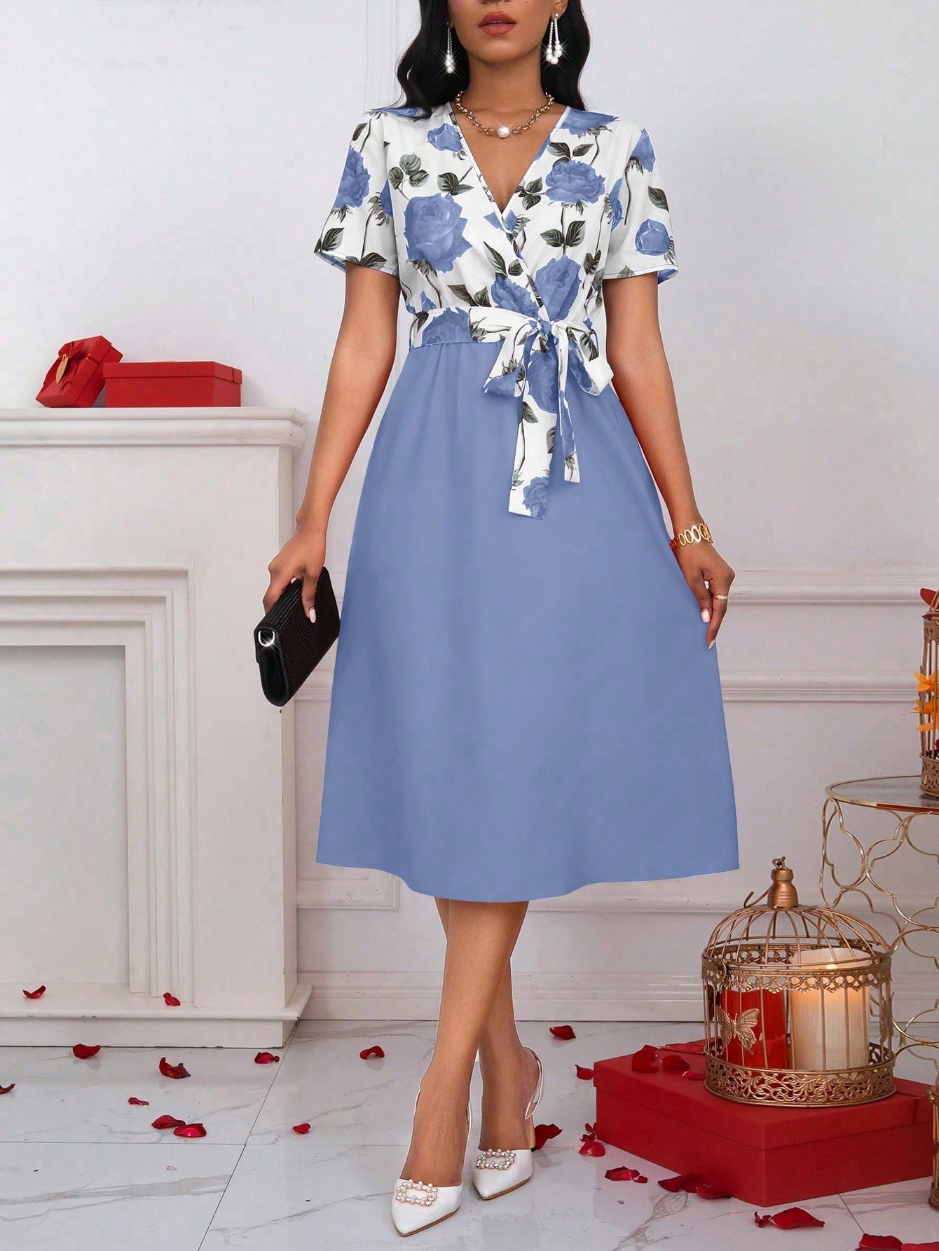 Lyxana Women's Floral Print Overlap V-Neck Short Sleeve Elegant Dress Maxi Women Outfit