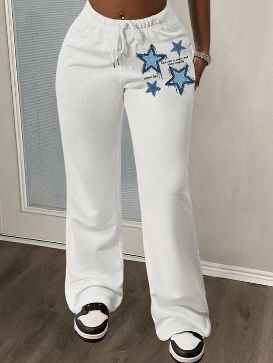 Slayr 2024 New Casual Basic Street Style Drawstring Straight Leg Pants, Women Star Pattern White Sweatpants