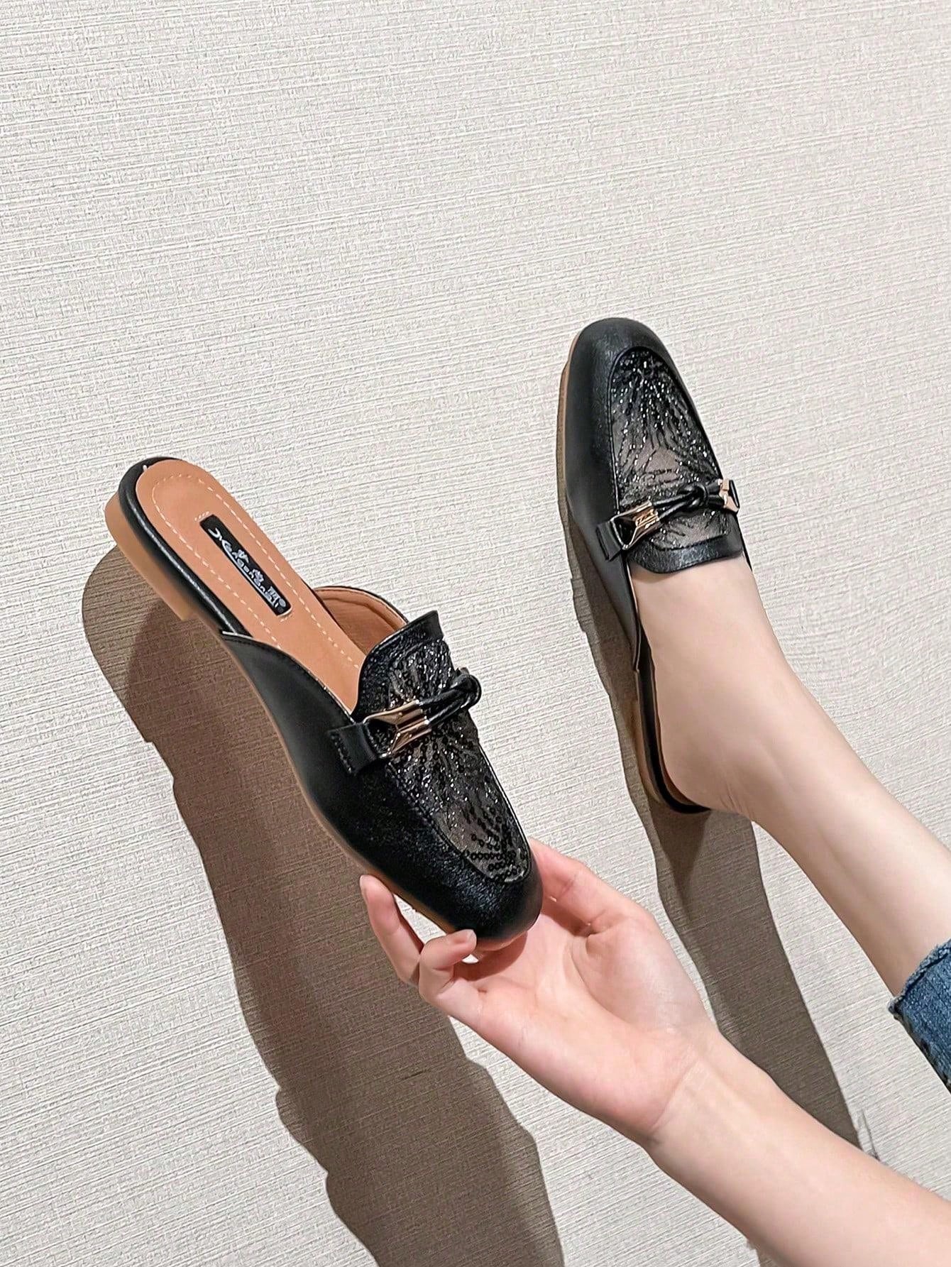 Mengshangli Women's Slip-On Mule Shoes With Metallic Decor, Half- Flat Sole Fashionable Slouchy Shoes