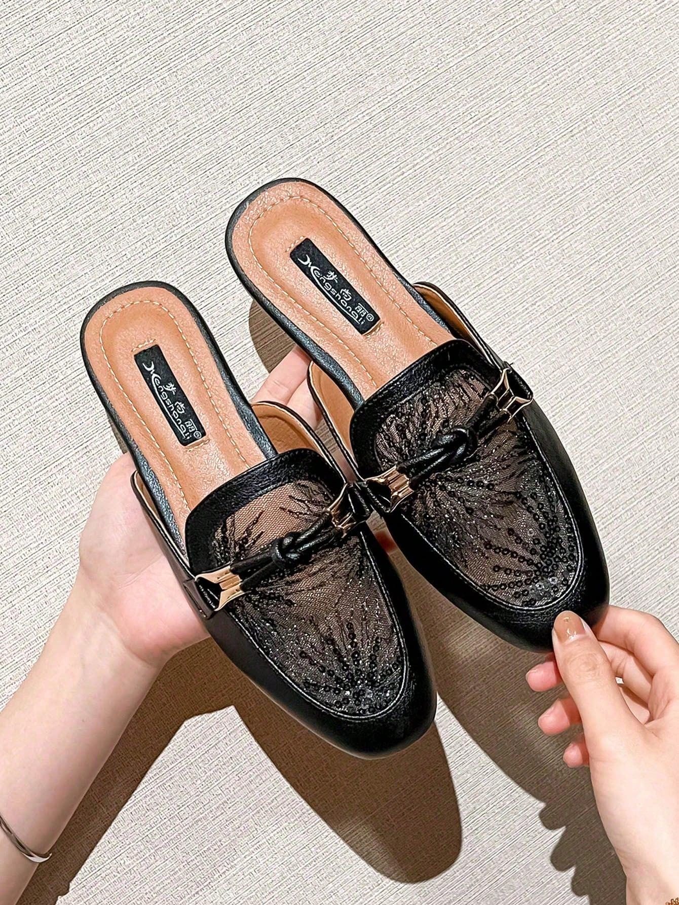 Mengshangli Women's Slip-On Mule Shoes With Metallic Decor, Half- Flat Sole Fashionable Slouchy Shoes