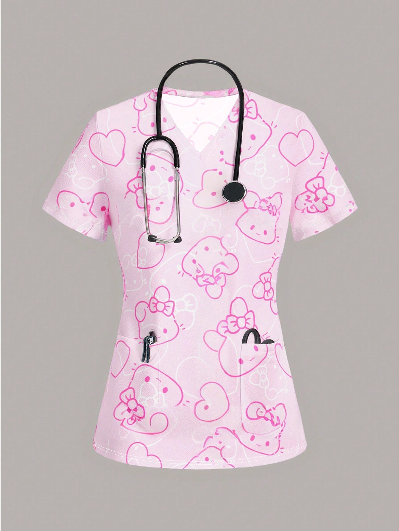 TaskFit Women's Sweetheart Neckline Matte Scrub Top, Women's Short Sleeve V-Neck Nurse Uniform Top, 2 Pocket Tee Printed Soft Stretch Matte Scrub Top