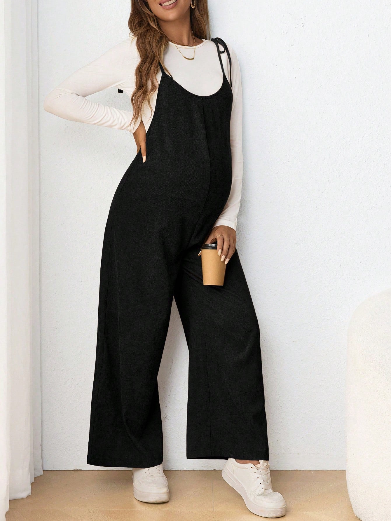 Maternity Casual Sling Bow Tie Jumpsuit, Form Fitting Pregnancy Clothing