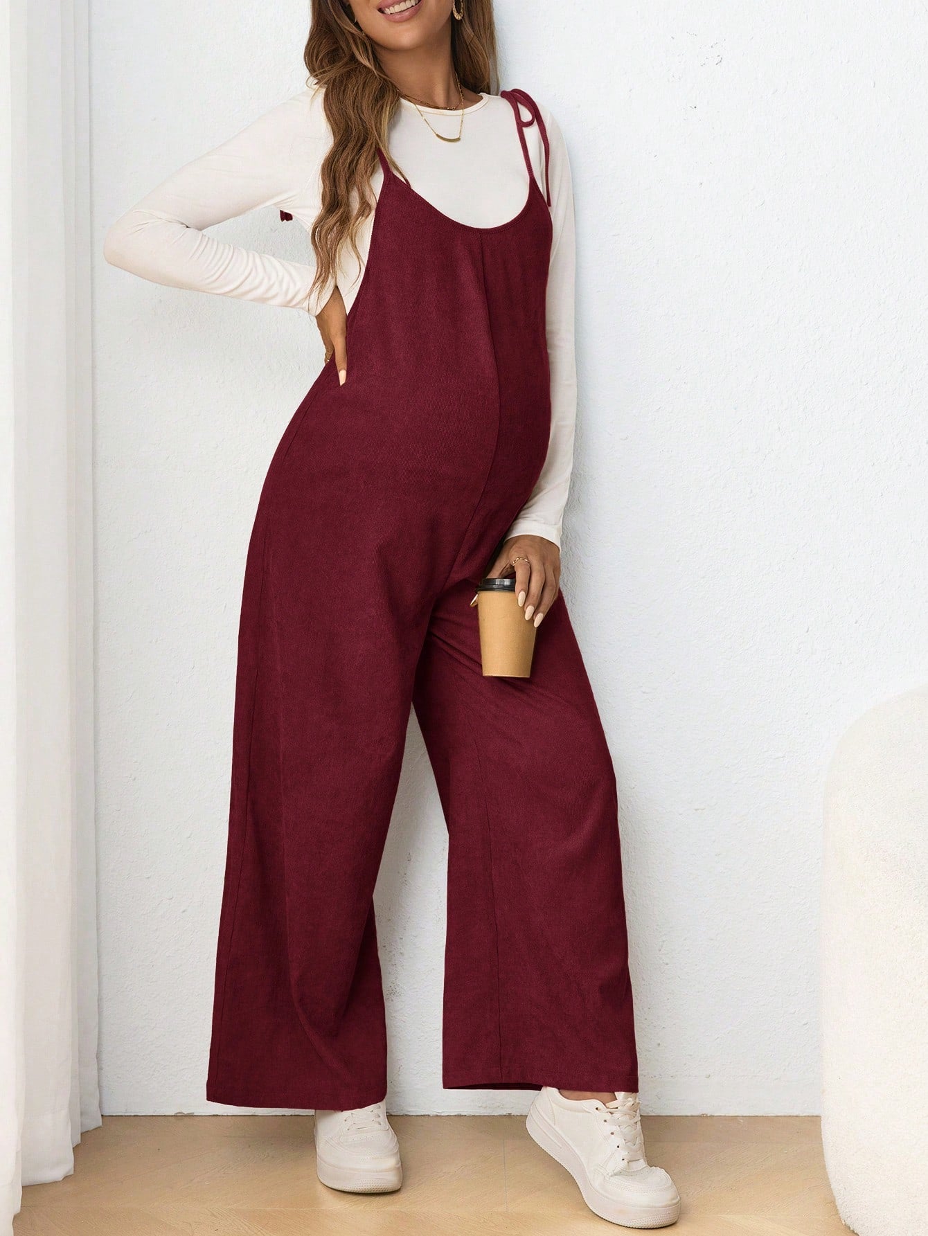 Maternity Casual Sling Bow Tie Jumpsuit, Form Fitting Pregnancy Clothing