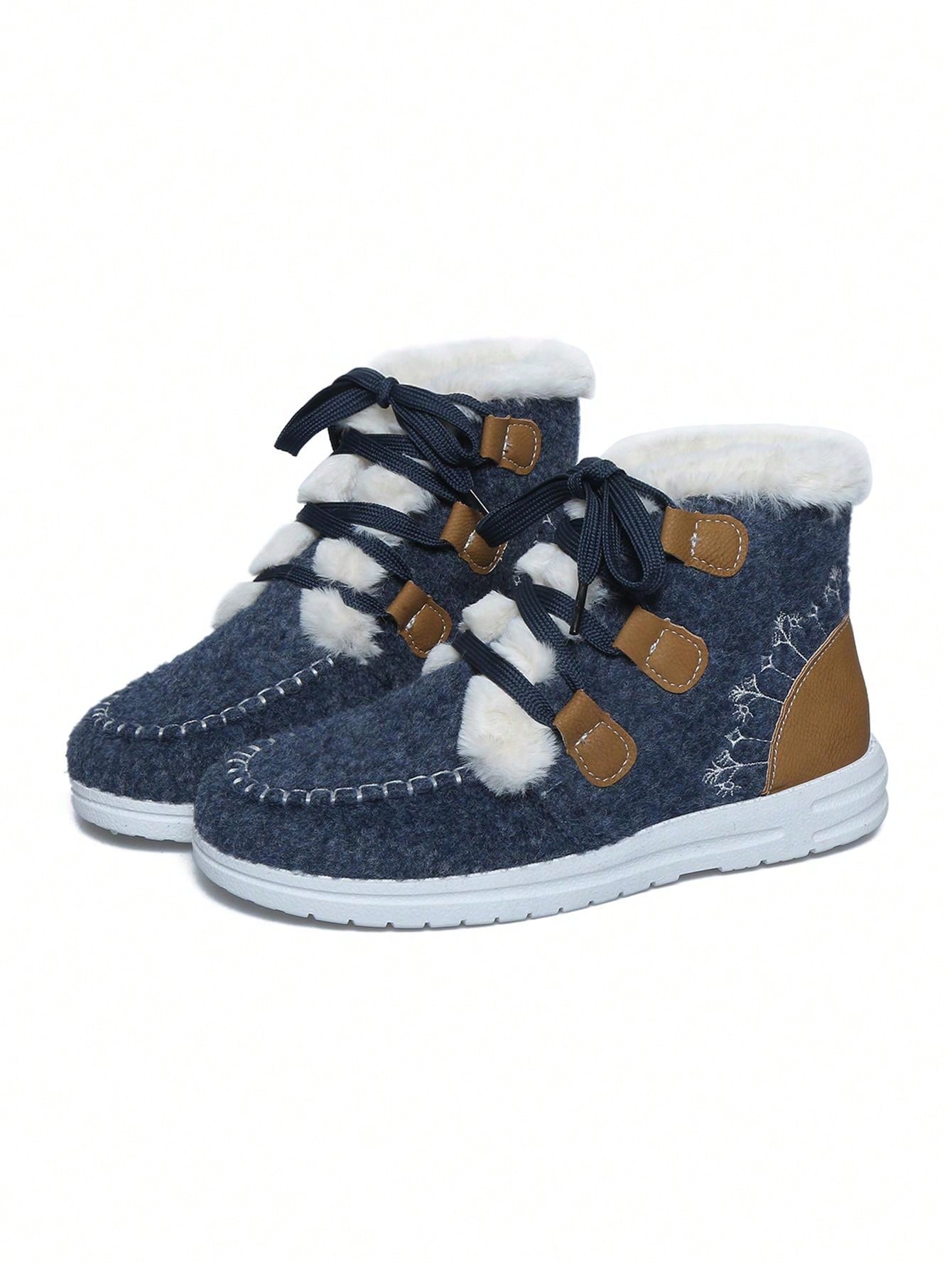Women's Wool Felt Lace-Up Flat Snow Boots With Embroidered Stitching, Color Block And Fluffy Lined, Warm Winter