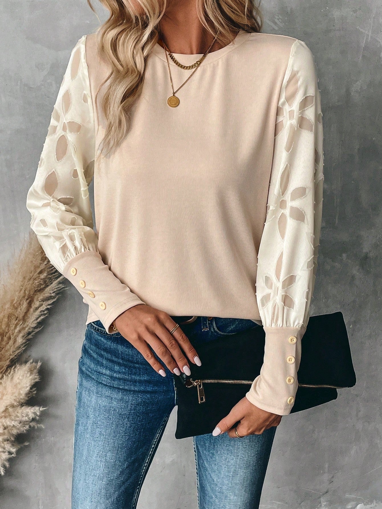 LUNE Pink Lace Sleeves Patchwork Waffle Floral Print Women Blouse