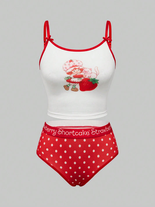 Strawberry Shortcake | ROMWE Cartoon Strawberry Print Bra And Brief Set For Women, Christmas Clothes