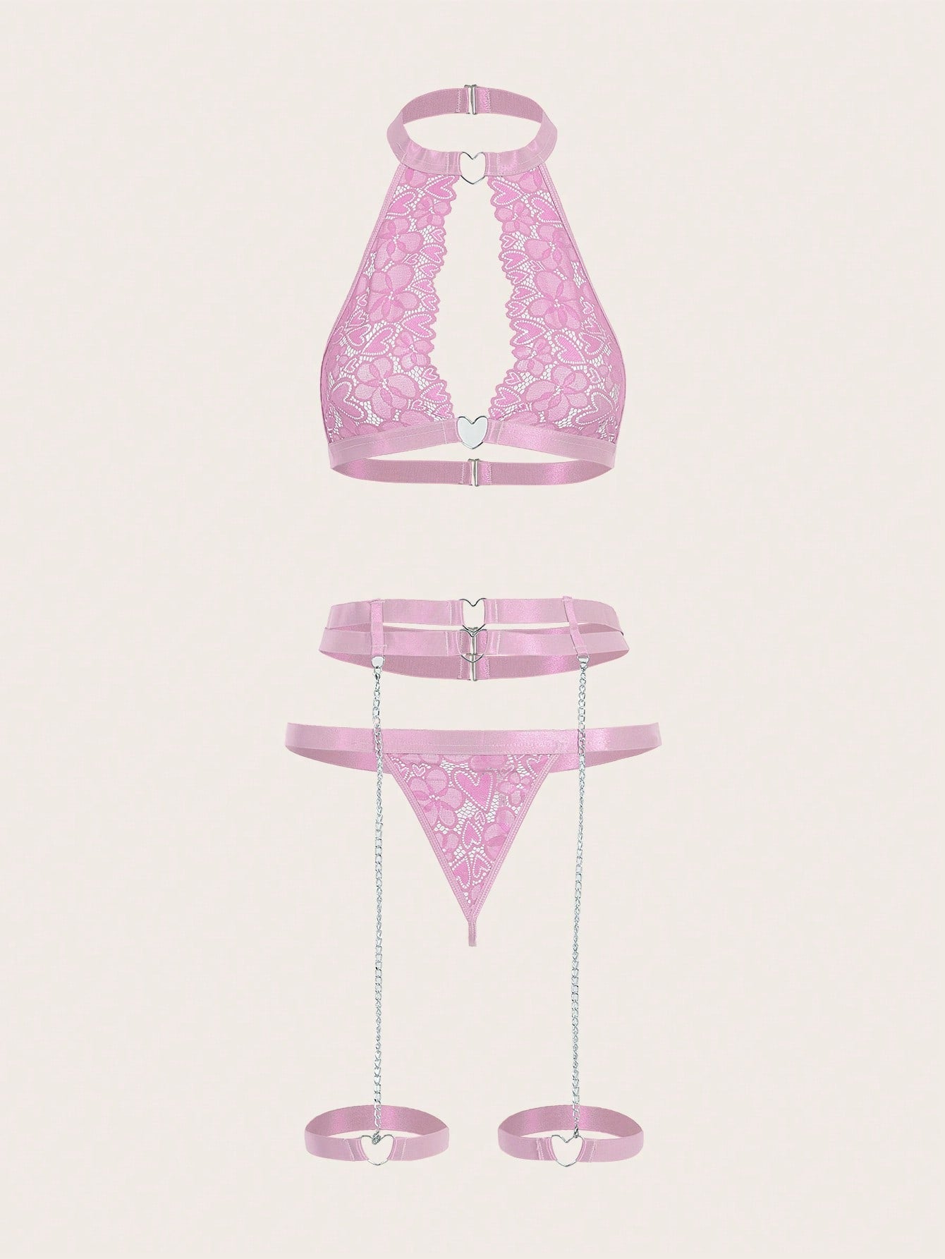 Floral Lace Ring Linked Garter Lingerie Set With 1pair Leg Ring