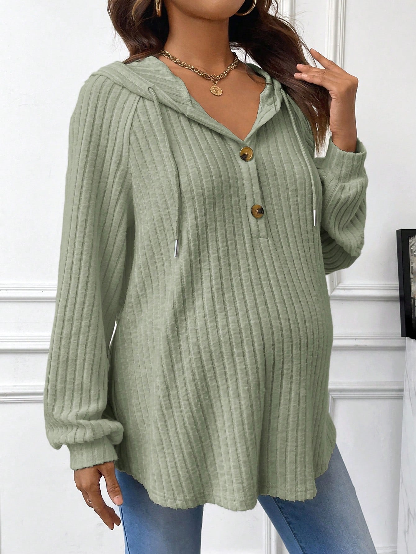 Maternity Buttoned Half Placket Drawstring Hoodie With Ribbed Details And Raglan Sleeves, For Winter