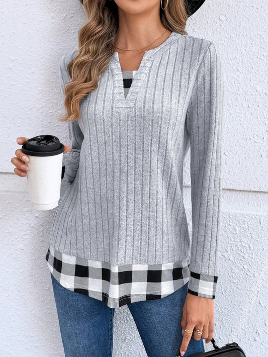 EMERY ROSE Women's Casual Plaid Patchwork Long Sleeve Tops