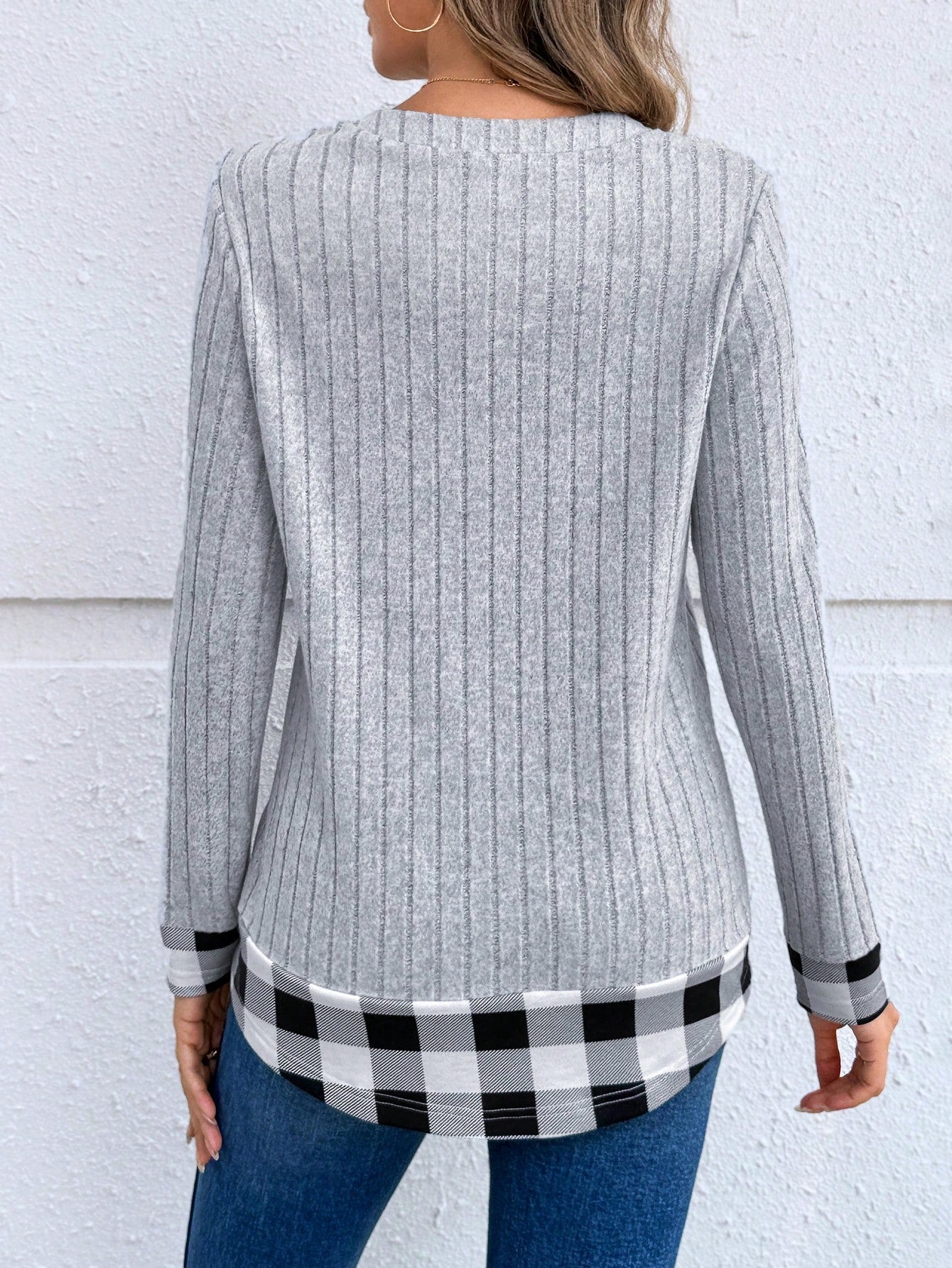 EMERY ROSE Women's Casual Plaid Patchwork Long Sleeve Tops