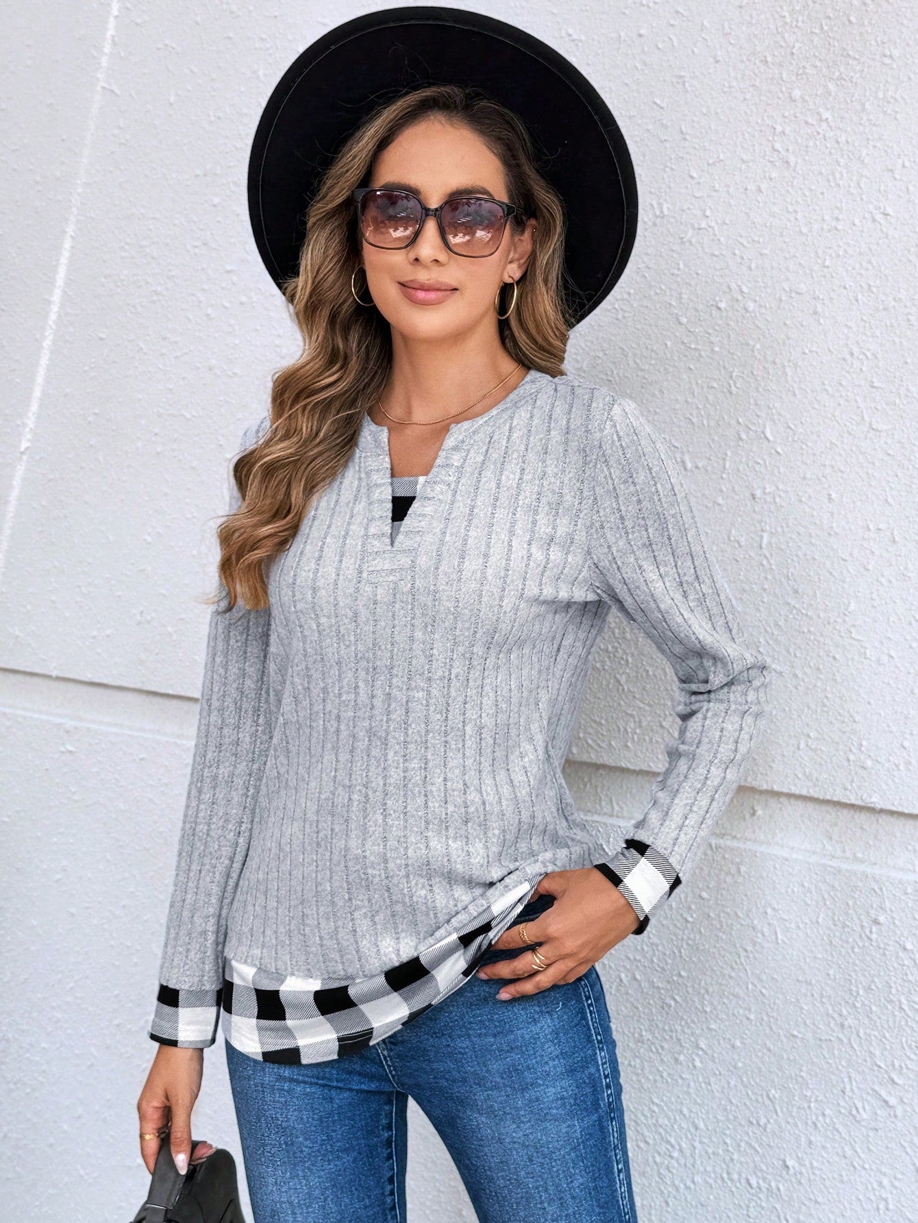 EMERY ROSE Women's Casual Plaid Patchwork Long Sleeve Tops